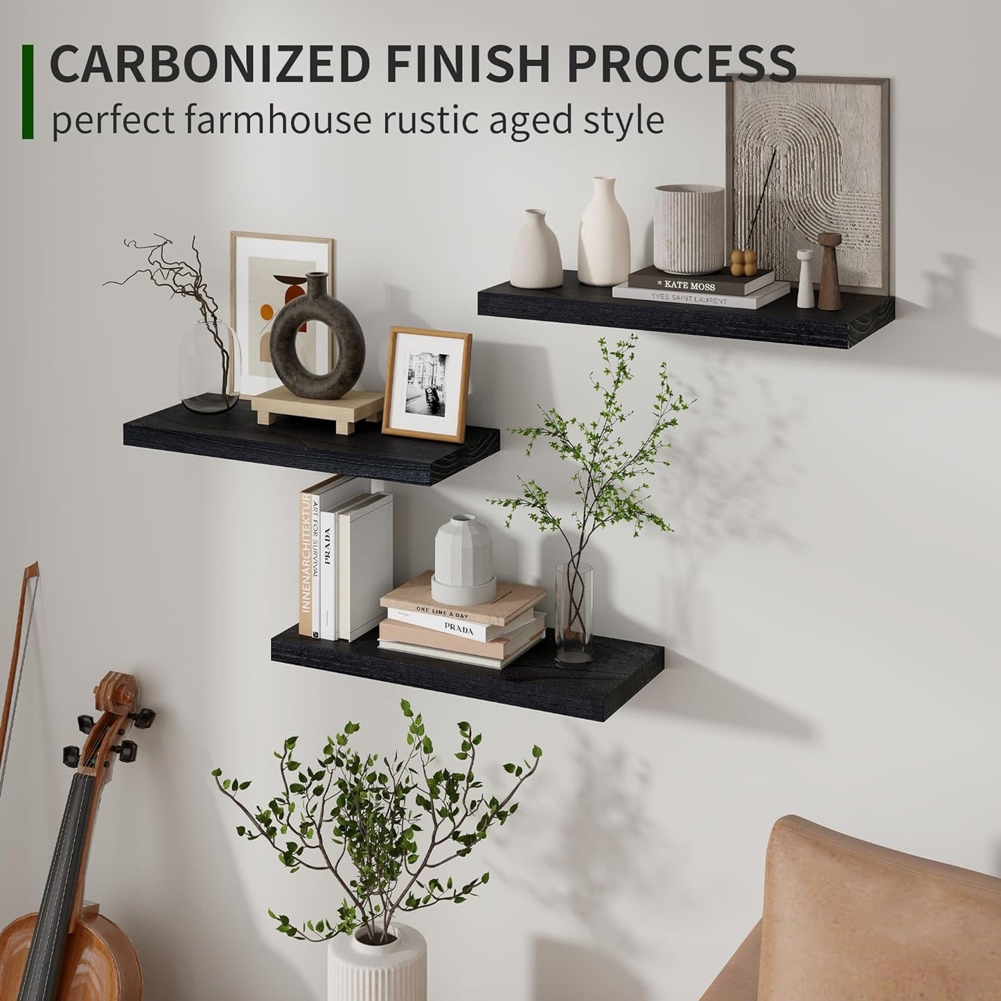 ShelfLoft 6.8"D x 1.4"H Distressed Black Natural Paulownia Wood Floating Shelves