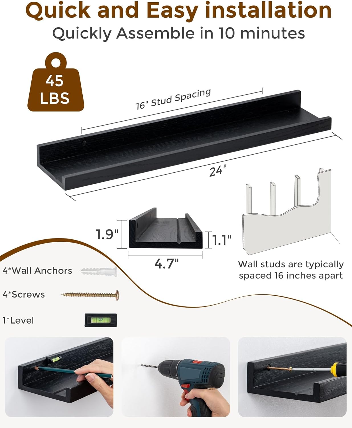 ShelfLoft 4.7 Inch Deep Solid Oak Wood Picture Ledge Shelf, Set of 2