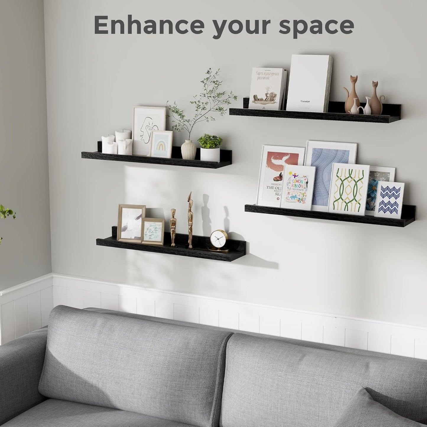 ShelfLoft 5.12"D x 2.2"H Distressed Black Picture Ledge Wall Floating Shelves with Lip