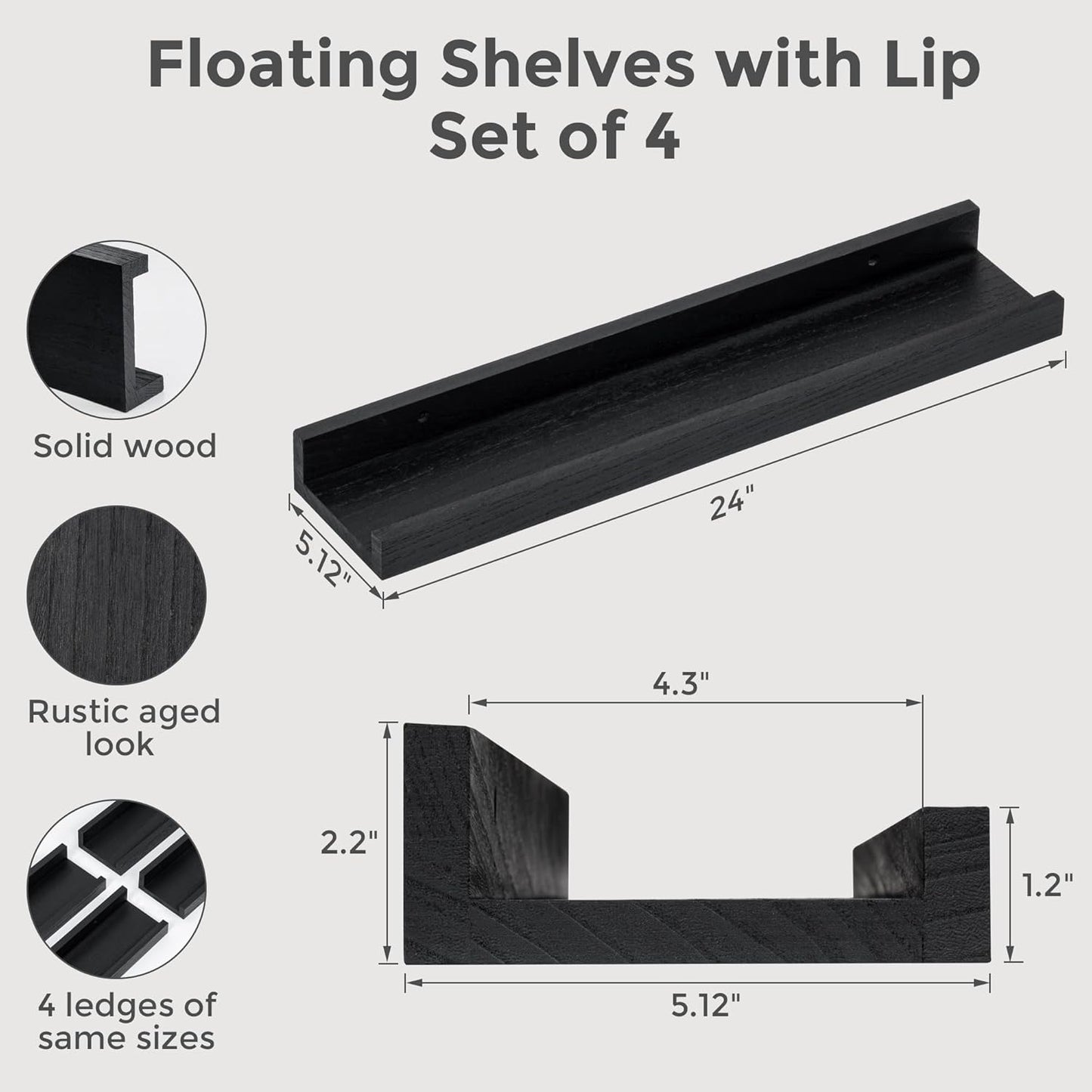 ShelfLoft 5.12"D x 2.2"H Distressed Black Picture Ledge Wall Floating Shelves with Lip