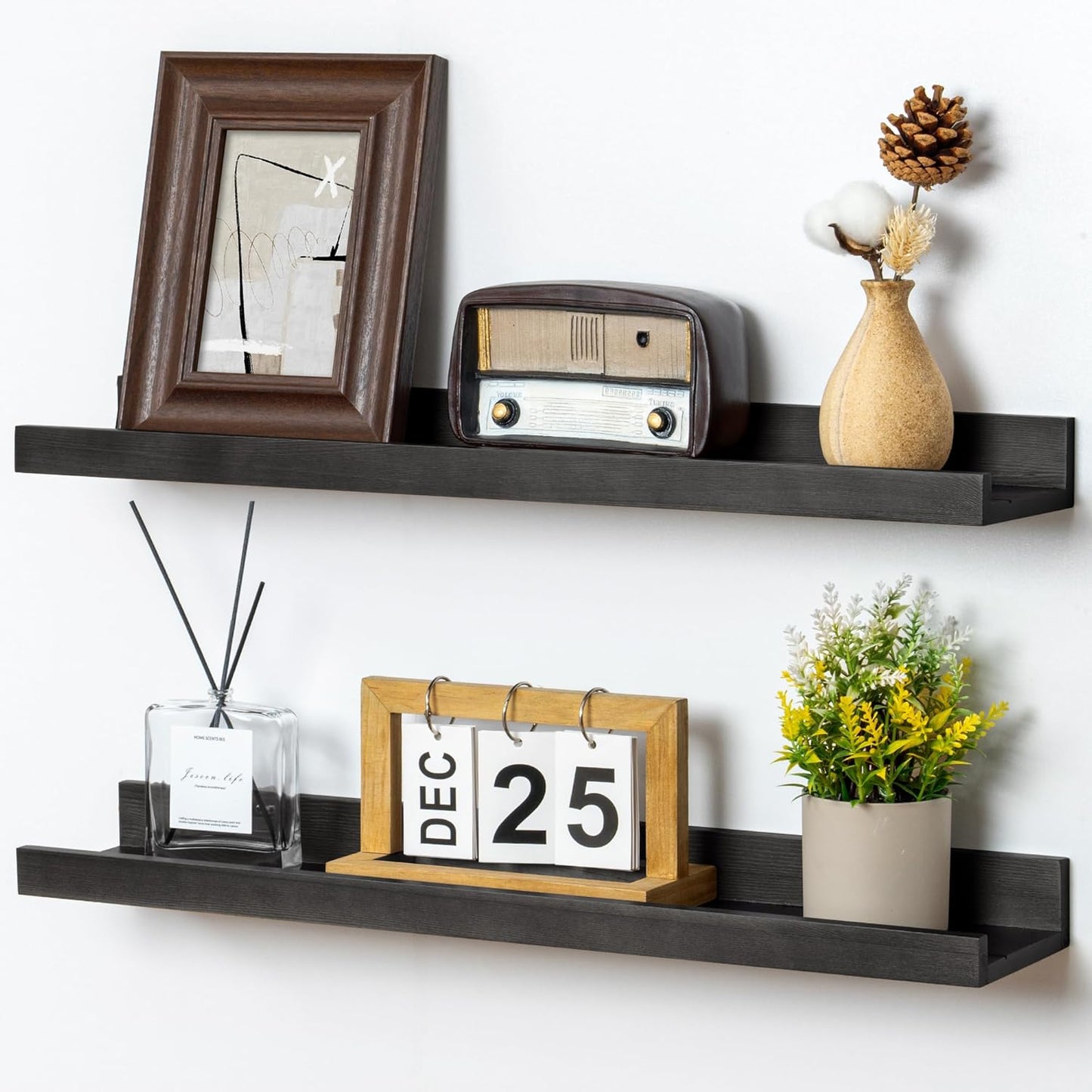 ShelfLoft 5.5"D x 2"H Black Pine Wood Picture Ledge Shelf Wall Shelves with Lip, 2 Pack