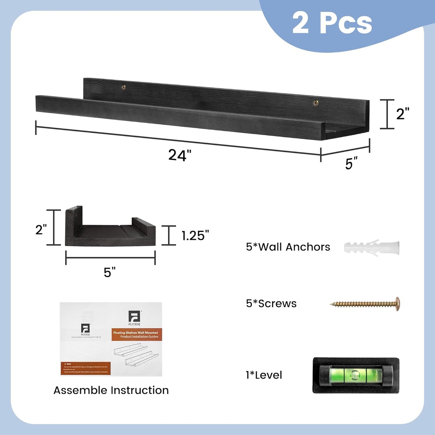 ShelfLoft 24"W x 5"D Black Pine Wood Picture Ledge Shelf Wall Shelves with Lip, 2 Pack