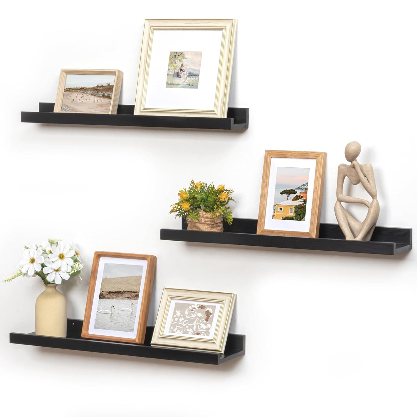 ShelfLoft 5.5"D x 2"H Black Pine Wood Picture Ledge Shelf Wall Shelves with Lip, 2 Pack