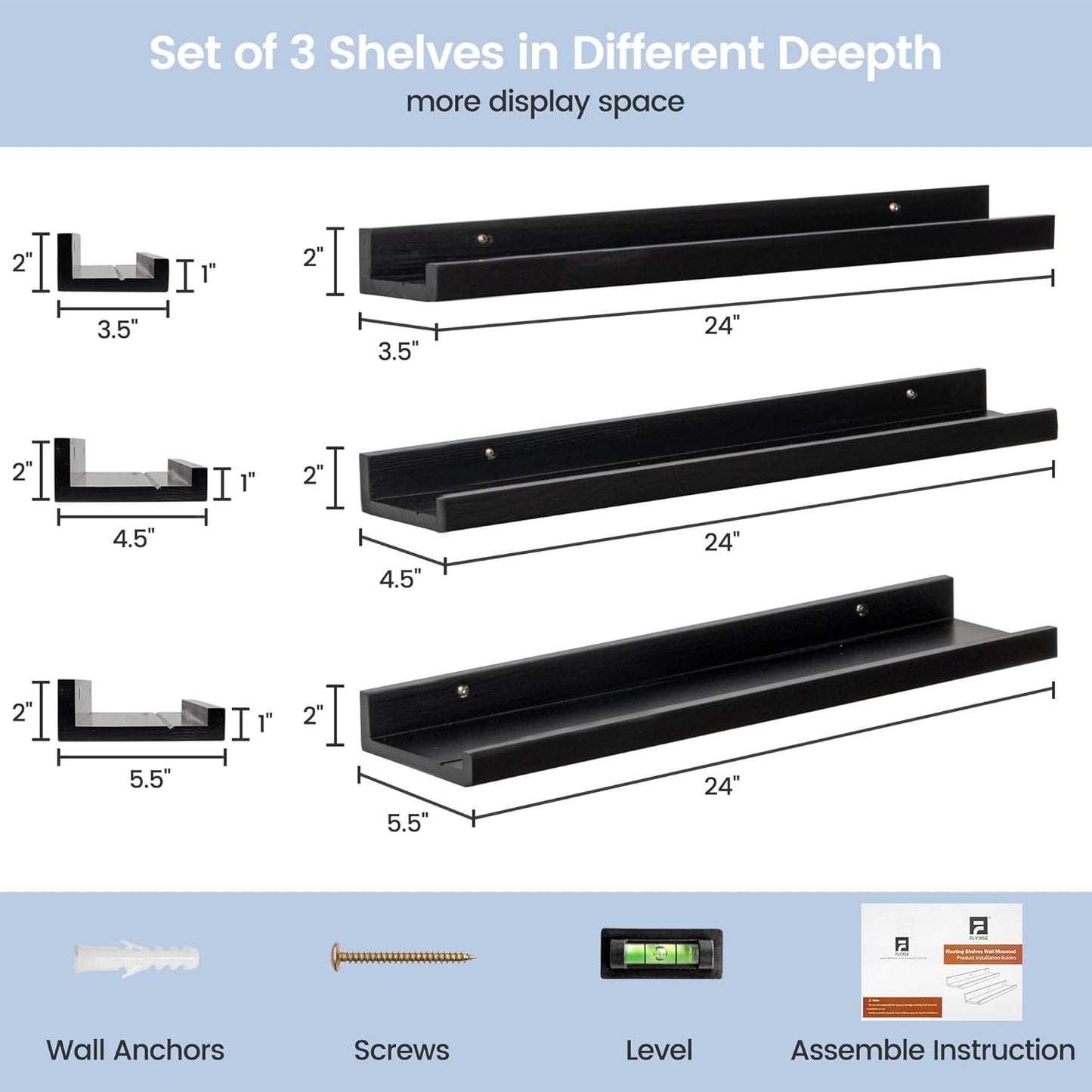 ShelfLoft 5.5"D x 2"H Black Pine Wood Picture Ledge Shelf Wall Shelves with Lip, 2 Pack