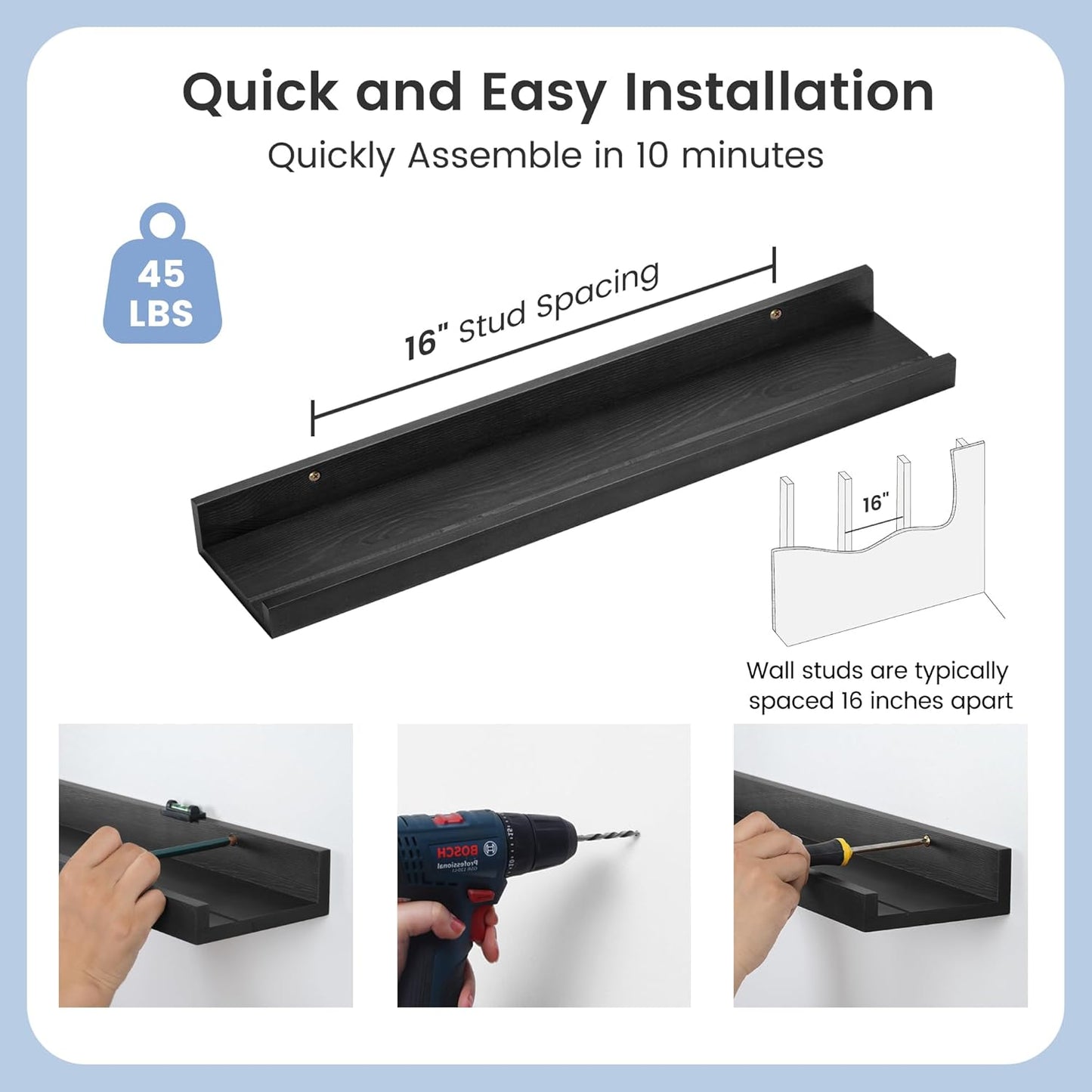 ShelfLoft 5.5"D x 2"H Black Pine Wood Picture Ledge Shelf Wall Shelves with Lip, 2 Pack