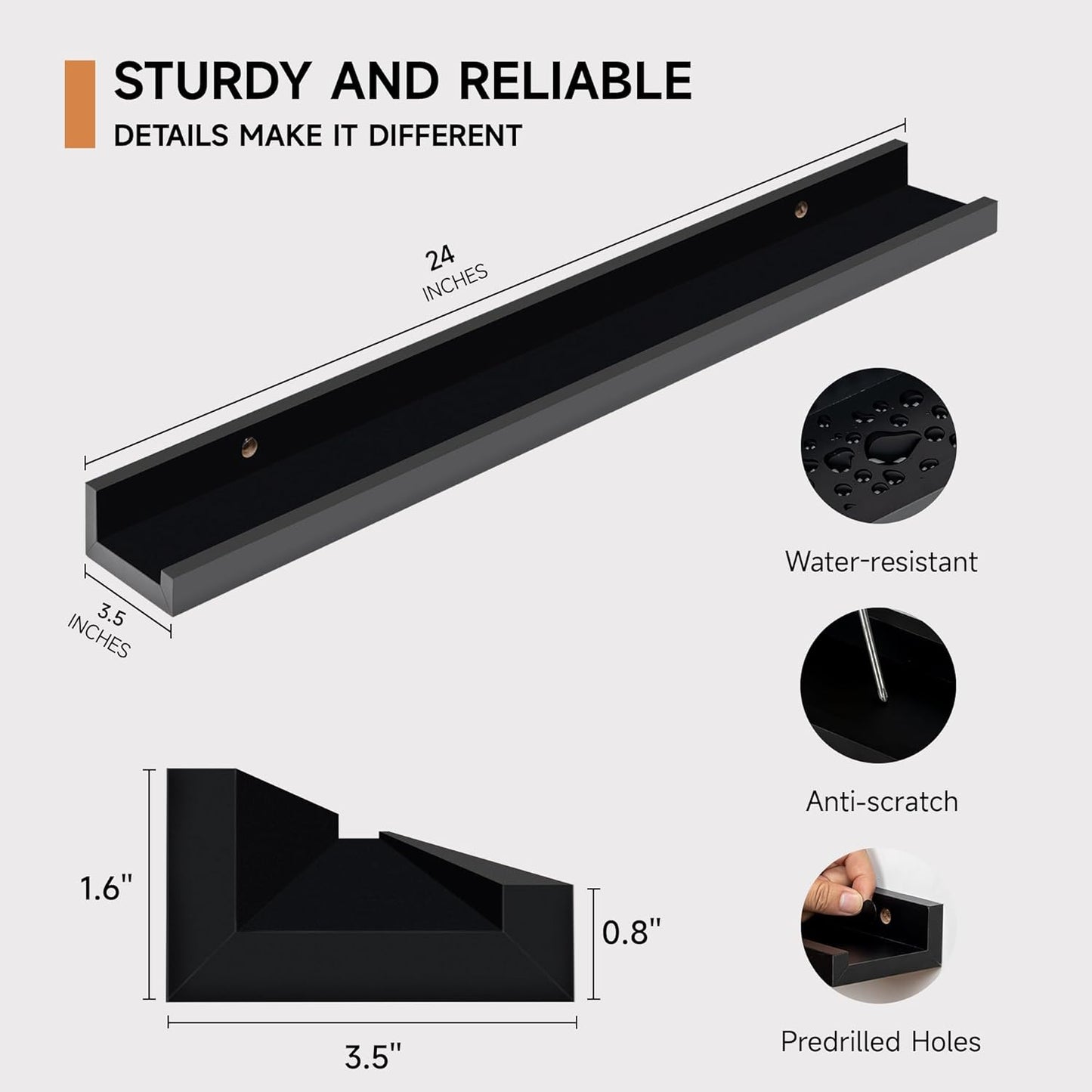 ShelfLoft 24“W x 3.5”D Black Picture Ledge Shelf Wall Storage Floating Shelves, 2 Pack