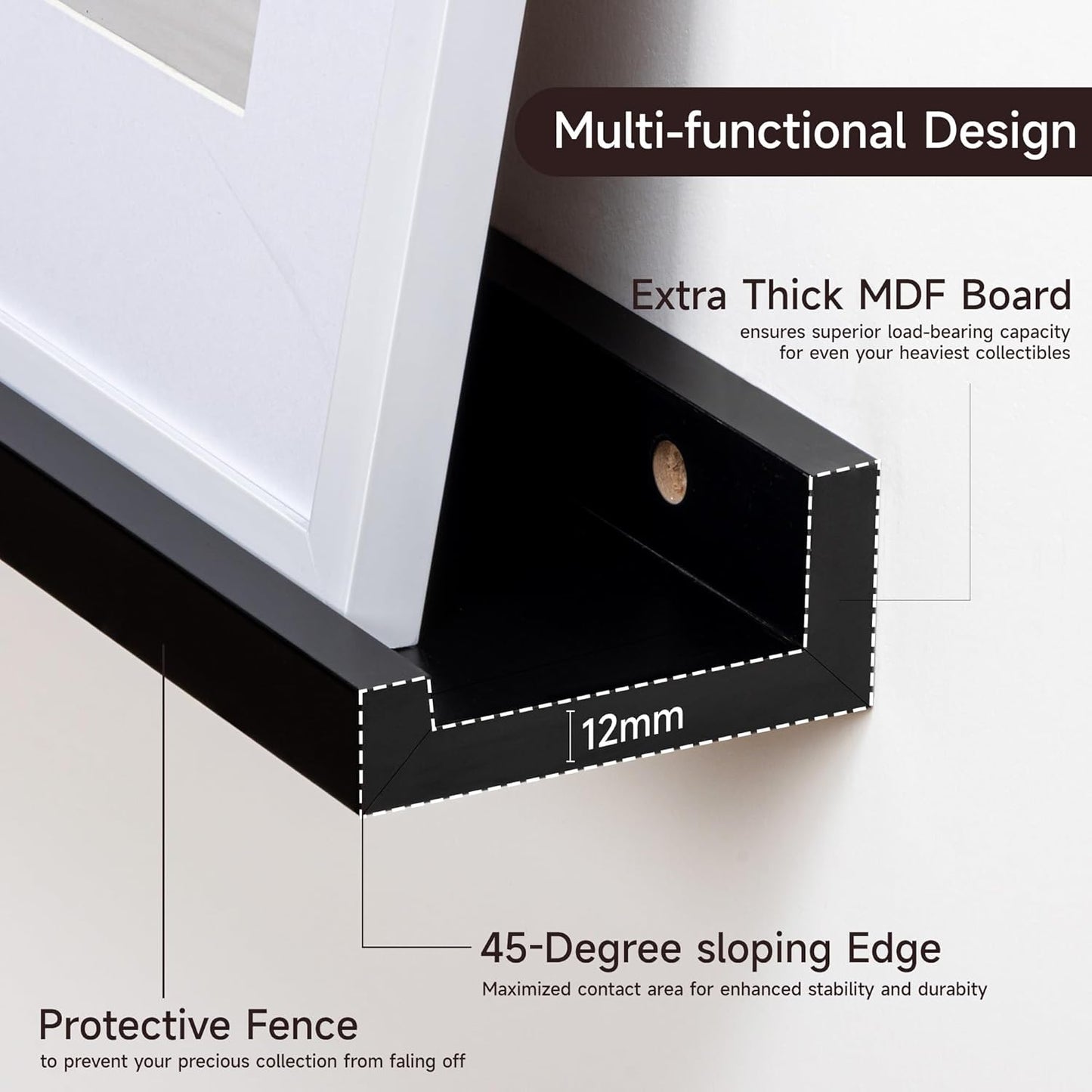 ShelfLoft 3.5"D x 1.6"H Black Picture Ledge Shelf Wall Display Floating Shelves