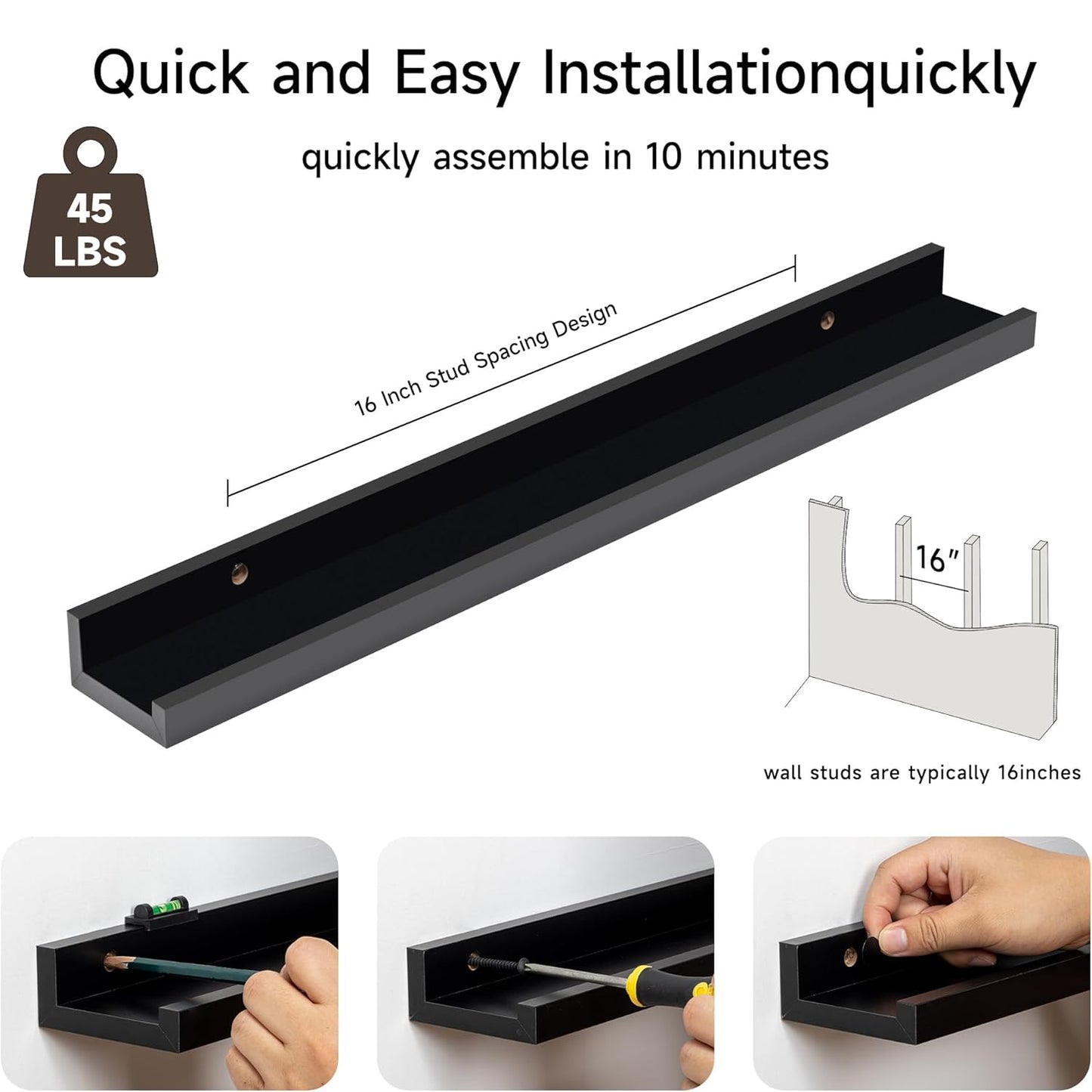 ShelfLoft 3.5"D x 1.6"H Black Picture Ledge Shelf Wall Display Floating Shelves