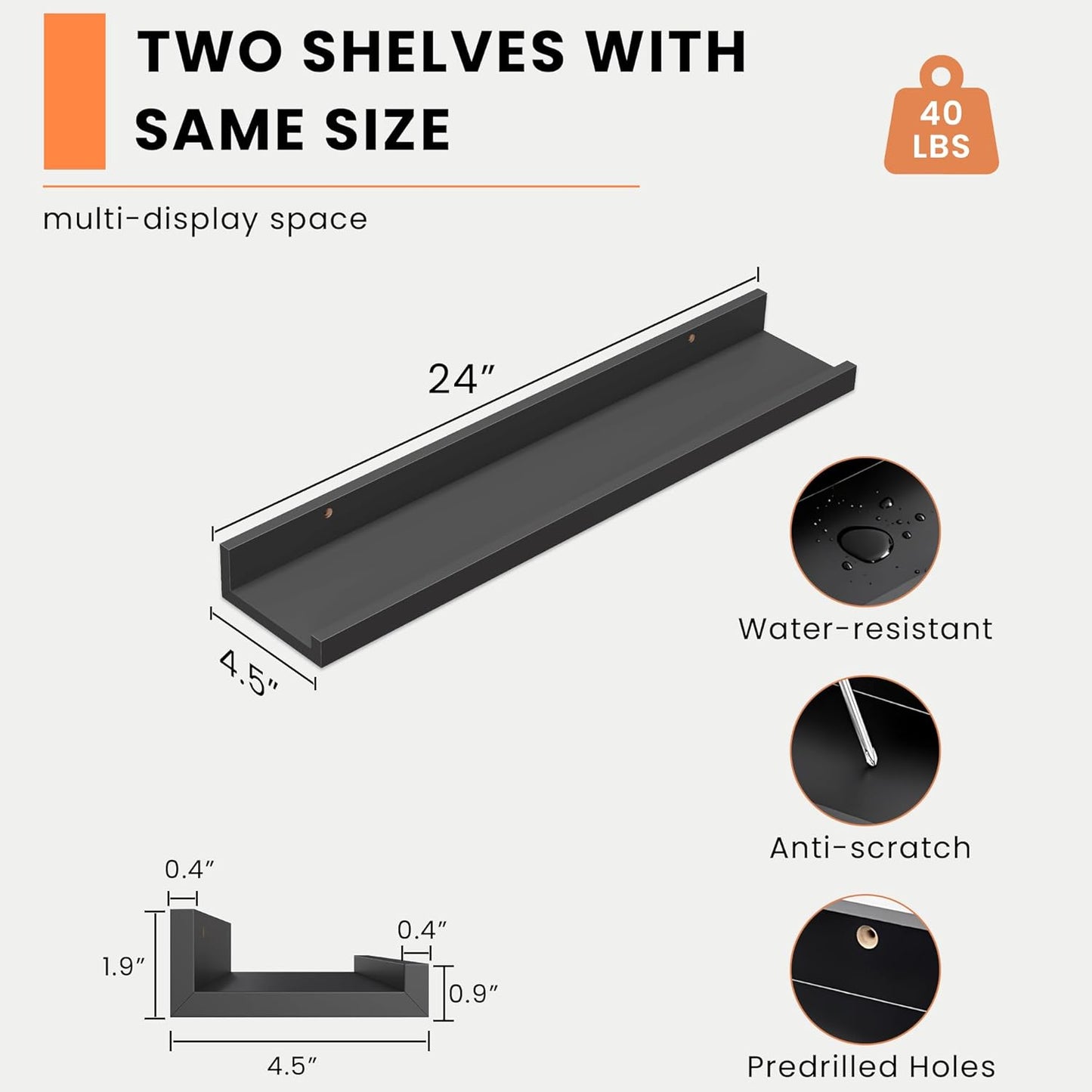 ShelfLoft 24" Wide x 4.5" Deep Picture Ledge Shelf Wall Floating Shelves with Lip,Set of 2