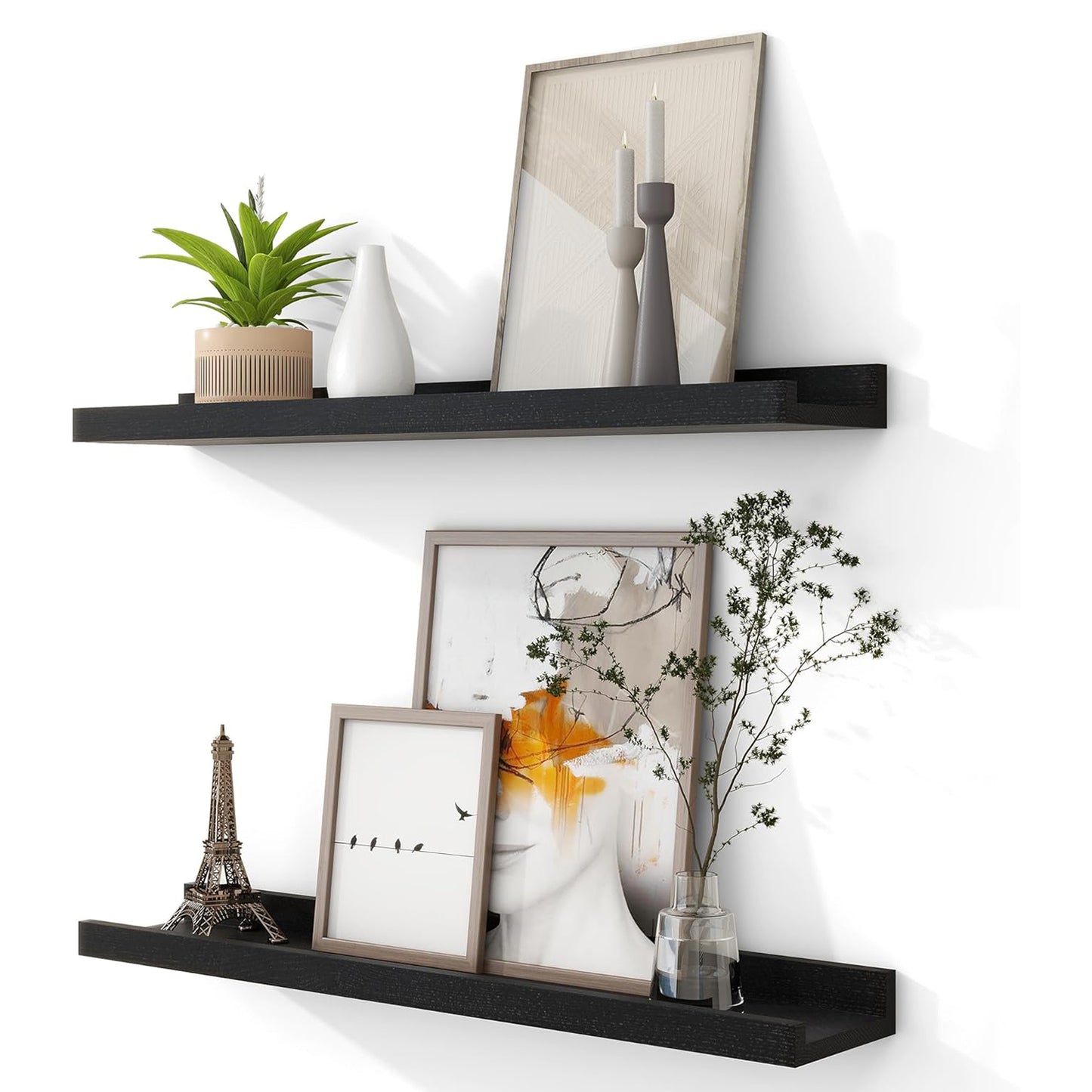 ShelfLoft 4.7"D x 1.65"H Black Solid Ash Wood Picture Ledge Floating Shelves, Set of 2