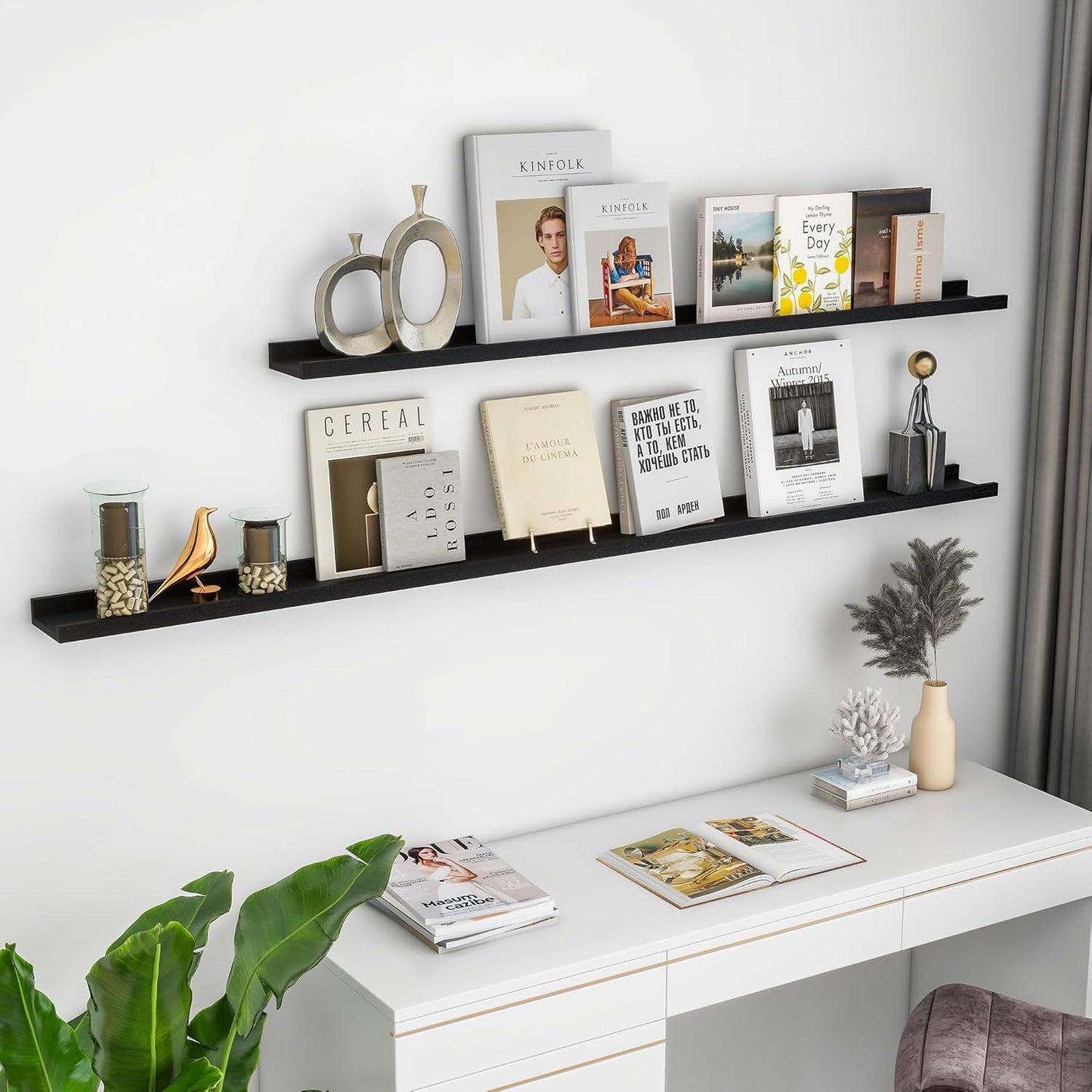 ShelfLoft 4.7"D x 1.65"H Black Solid Ash Wood Picture Ledge Floating Shelves, Set of 2