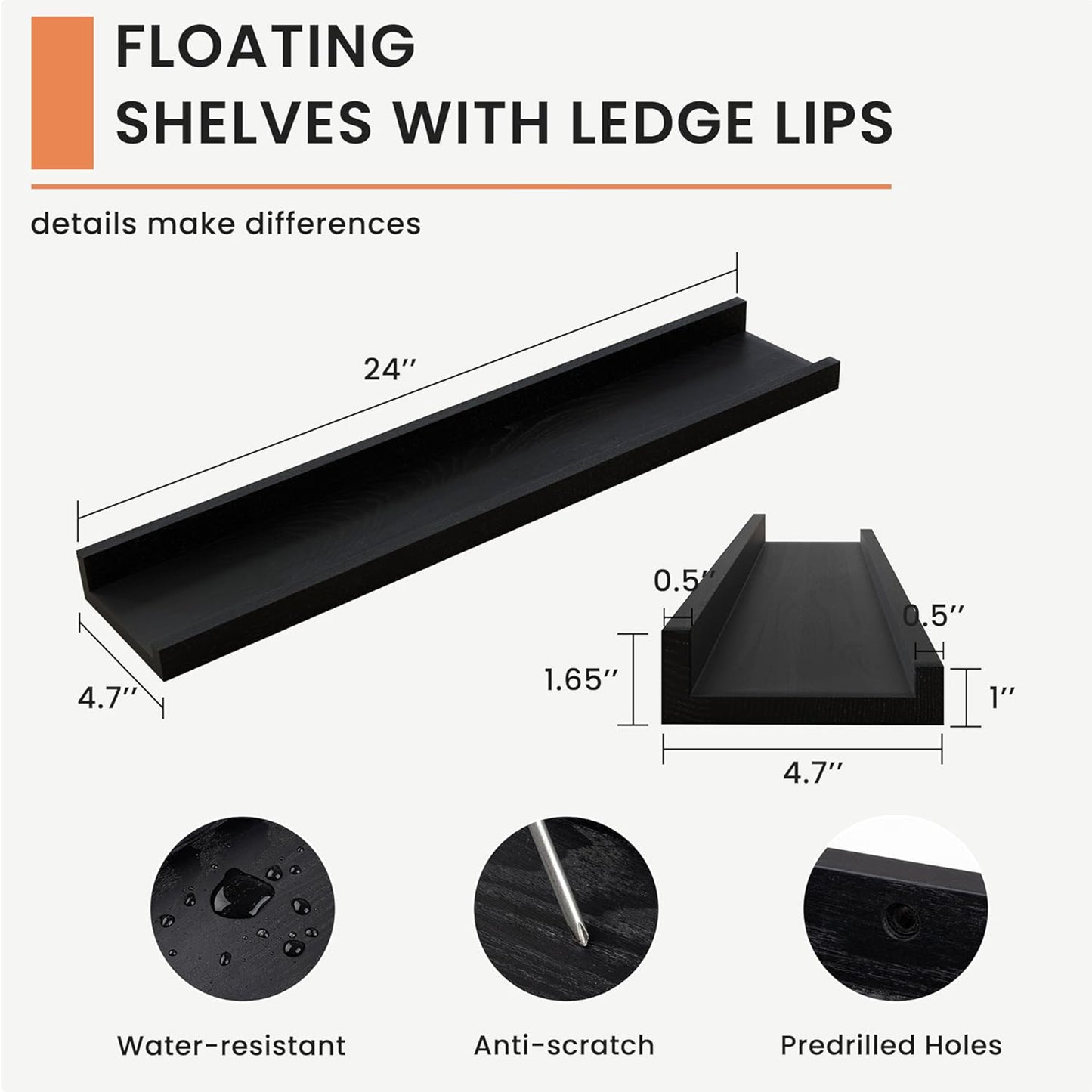 ShelfLoft 4.7 Inch Deep Solid Ash Wood Picture Ledge Floating Shelves, Set of 2