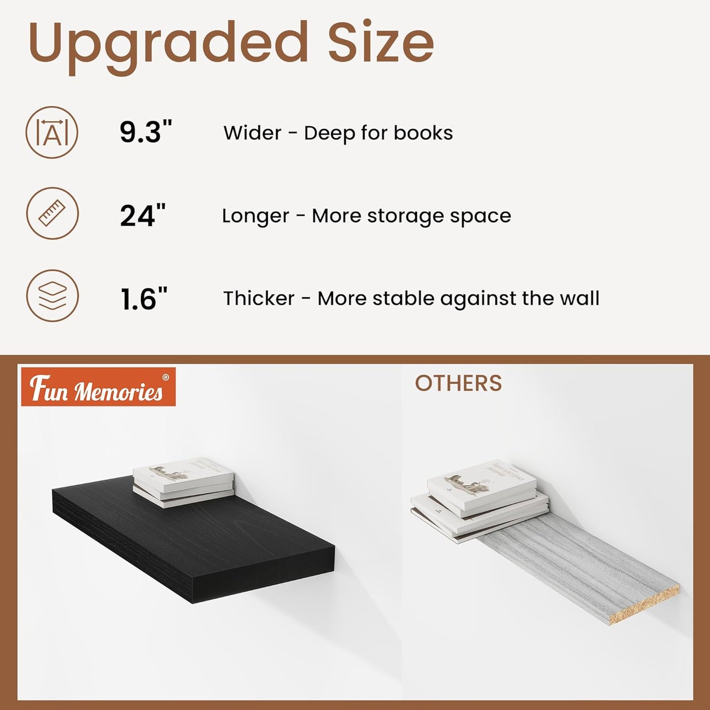 ShelfLoft 9.3 Inch Deep Rustic Farmhouse Fireplace Mantel Paulownia Wood Floating Shelves