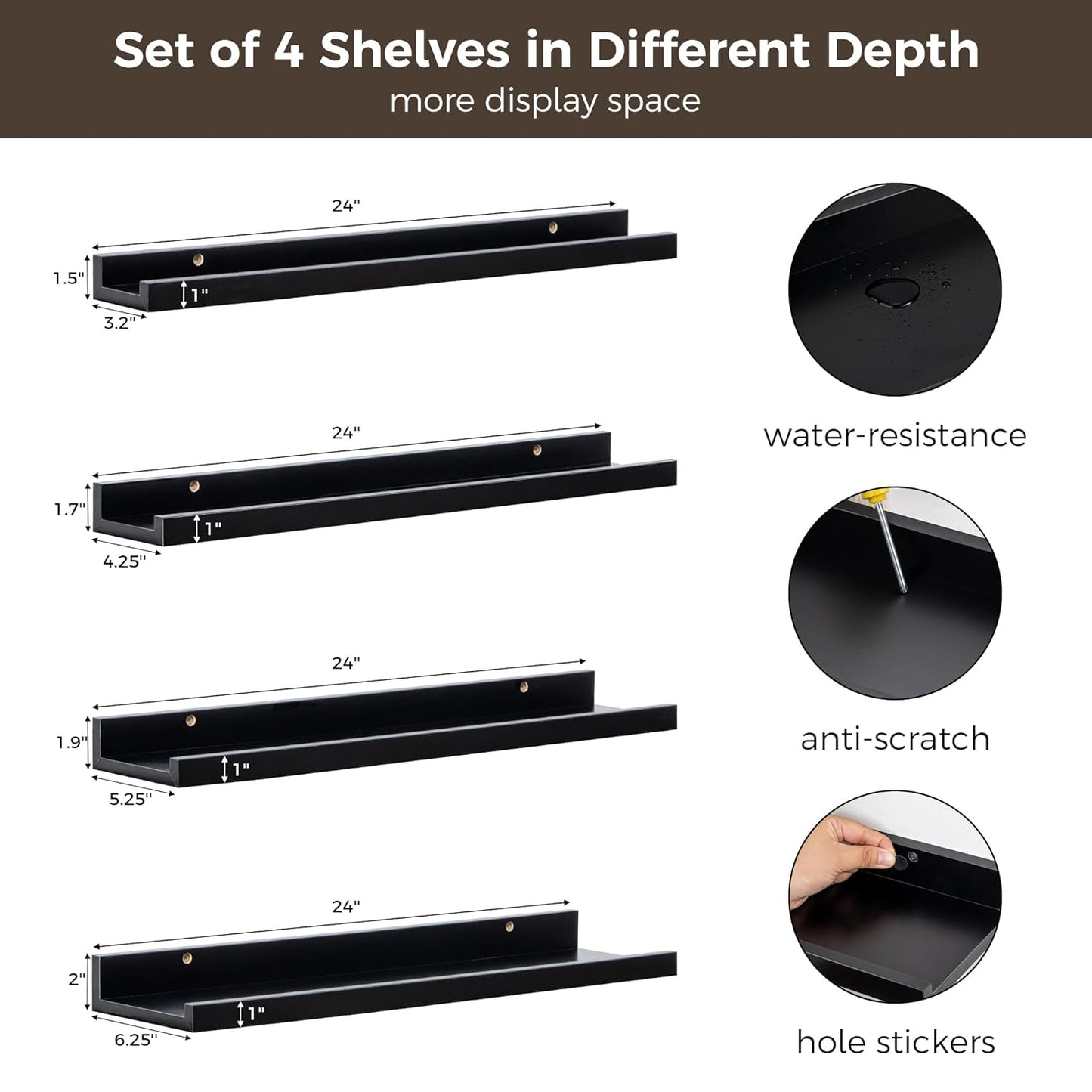 ShelfLoft 6.25 Inch Deep Picture Ledge Floating Shelves for Wall Storage,Set of 4