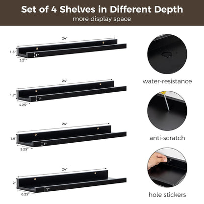 ShelfLoft 6.25"D x 2"H Black Picture Ledge Floating Shelves for Wall Storage,Set of 4