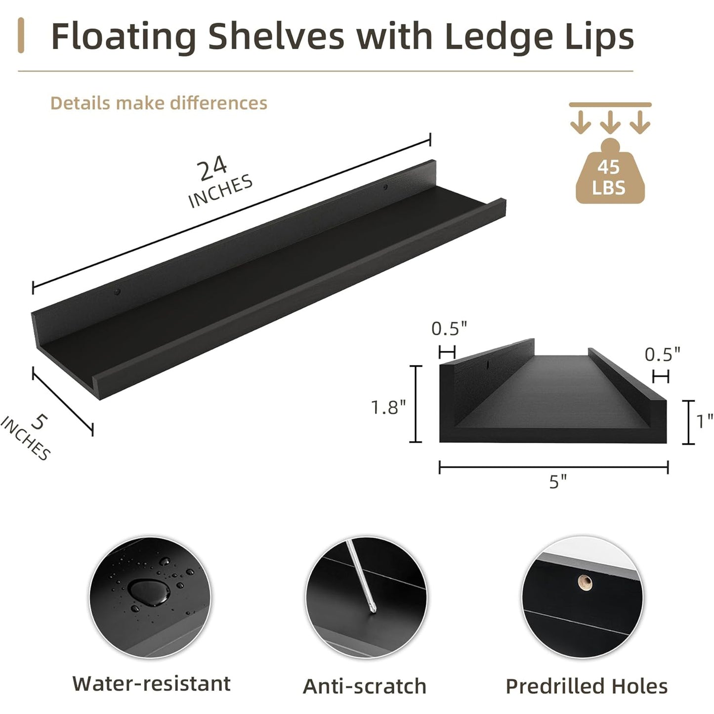 ShelfLoft 5"D x 1.8“H Black Picture Ledge Shelf Wood Floating Shelves