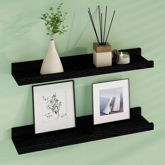 ShelfLoft 4.7"D x 1.9"H Black Solid Oak Wood Picture Ledge Floating Shelves,Set of 2