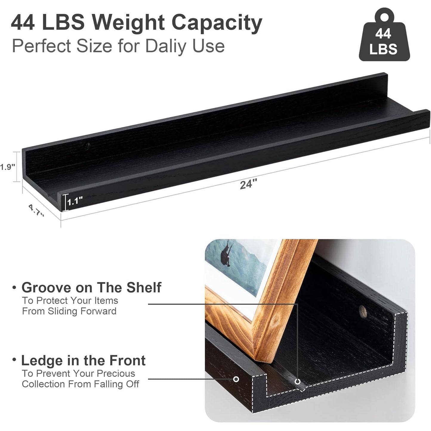 ShelfLoft 24" Wide x 4.7" Deep Solid Oak Wood Picture Ledge Floating Shelves,Set of 2