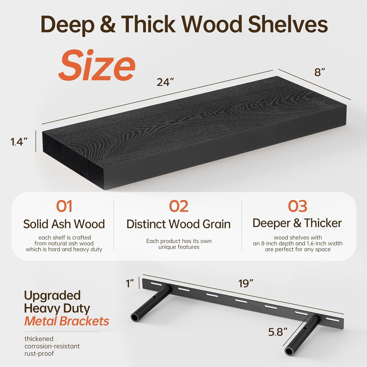 ShelfLoft 8 Inch Deep Solid Ash Wood Floating Shelves