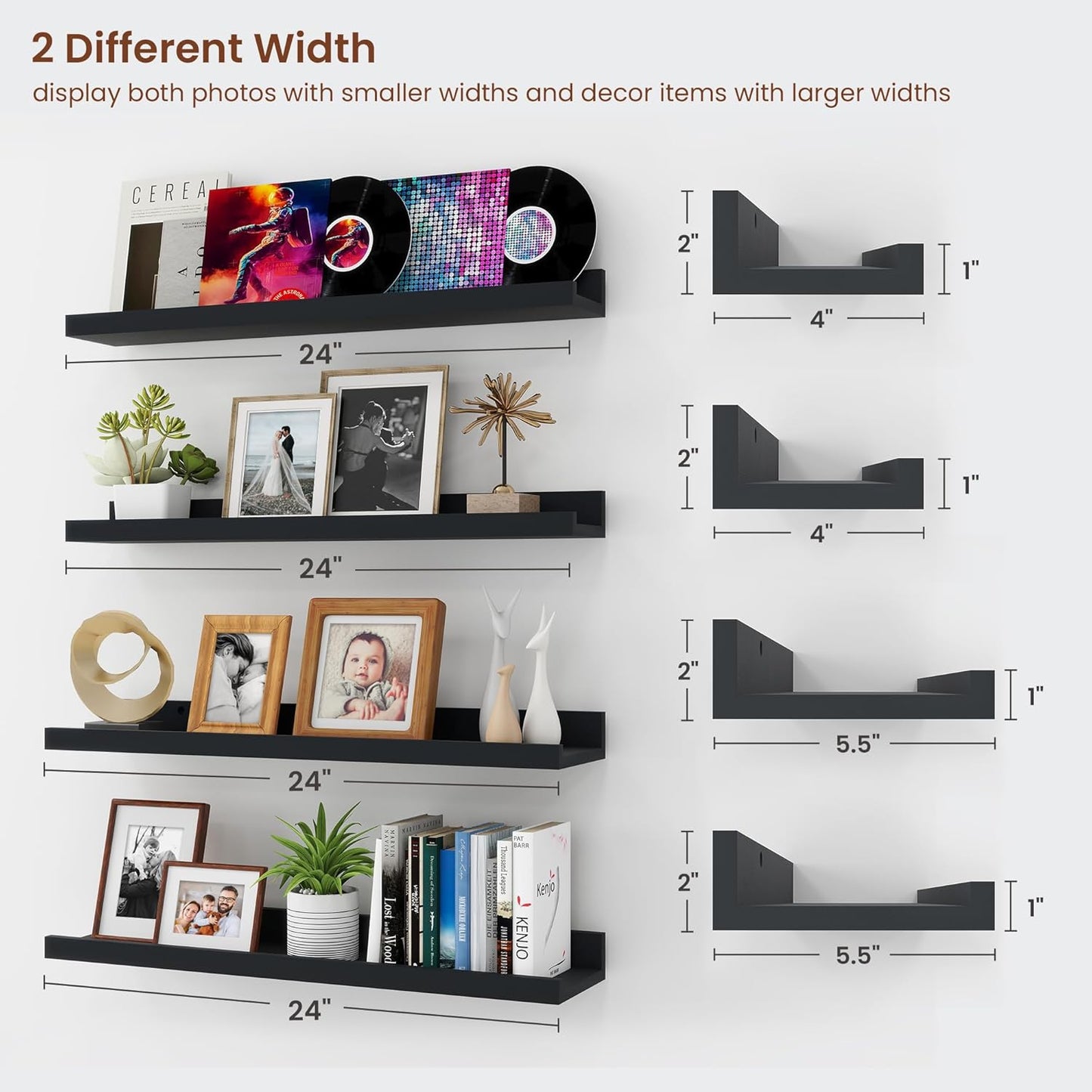 ShelfLoft 24" Wide x 5.5" Deep Picture Ledge Shelf Wall Display Floating Shelves with Lip, 4 Pack