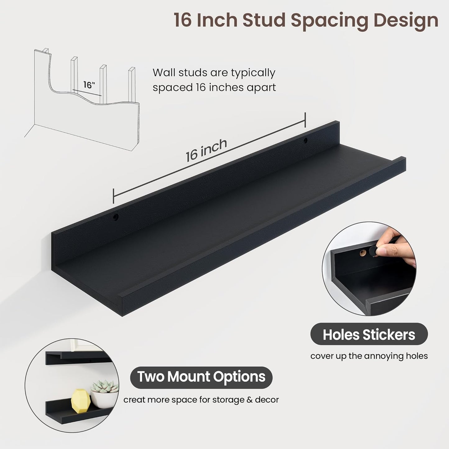 ShelfLoft 24"W x 4.2"D Black Picture Ledge Shelf Floating Shelves with Lip Set of 3