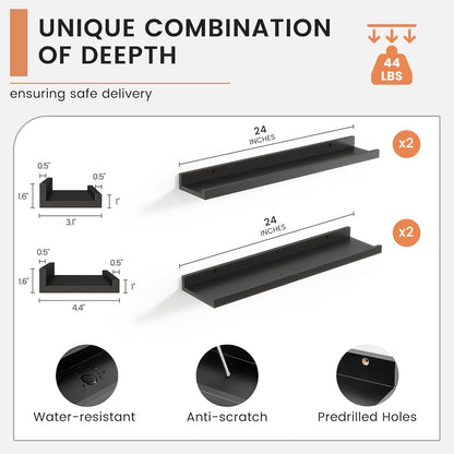 ShelfLoft 24" Wide x 4.7" Deep Picture Ledge Floating Shelves, Black-2 Pack