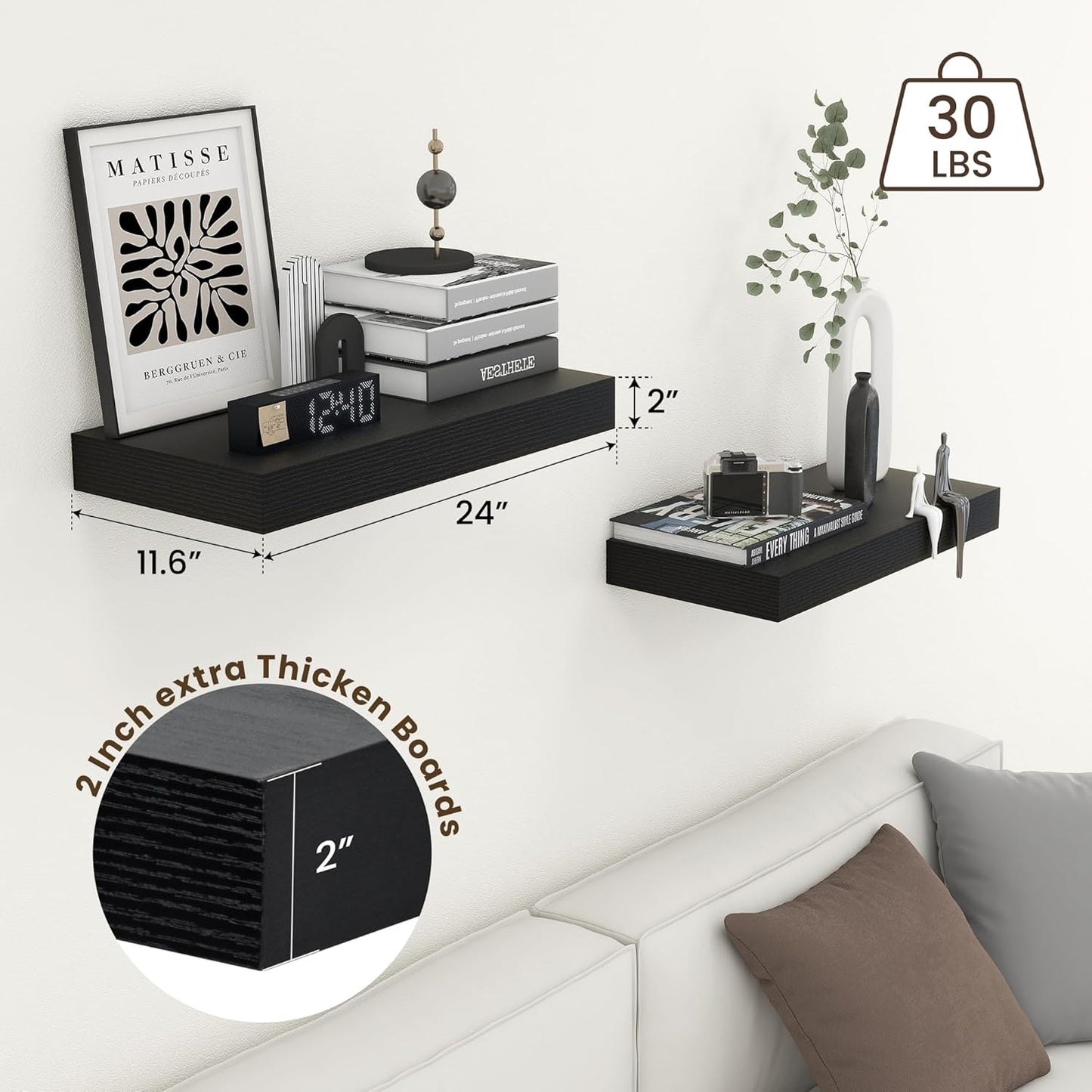 ShelfLoft 11.6"D x 2"H Black Floating Shelves for Wall Storage