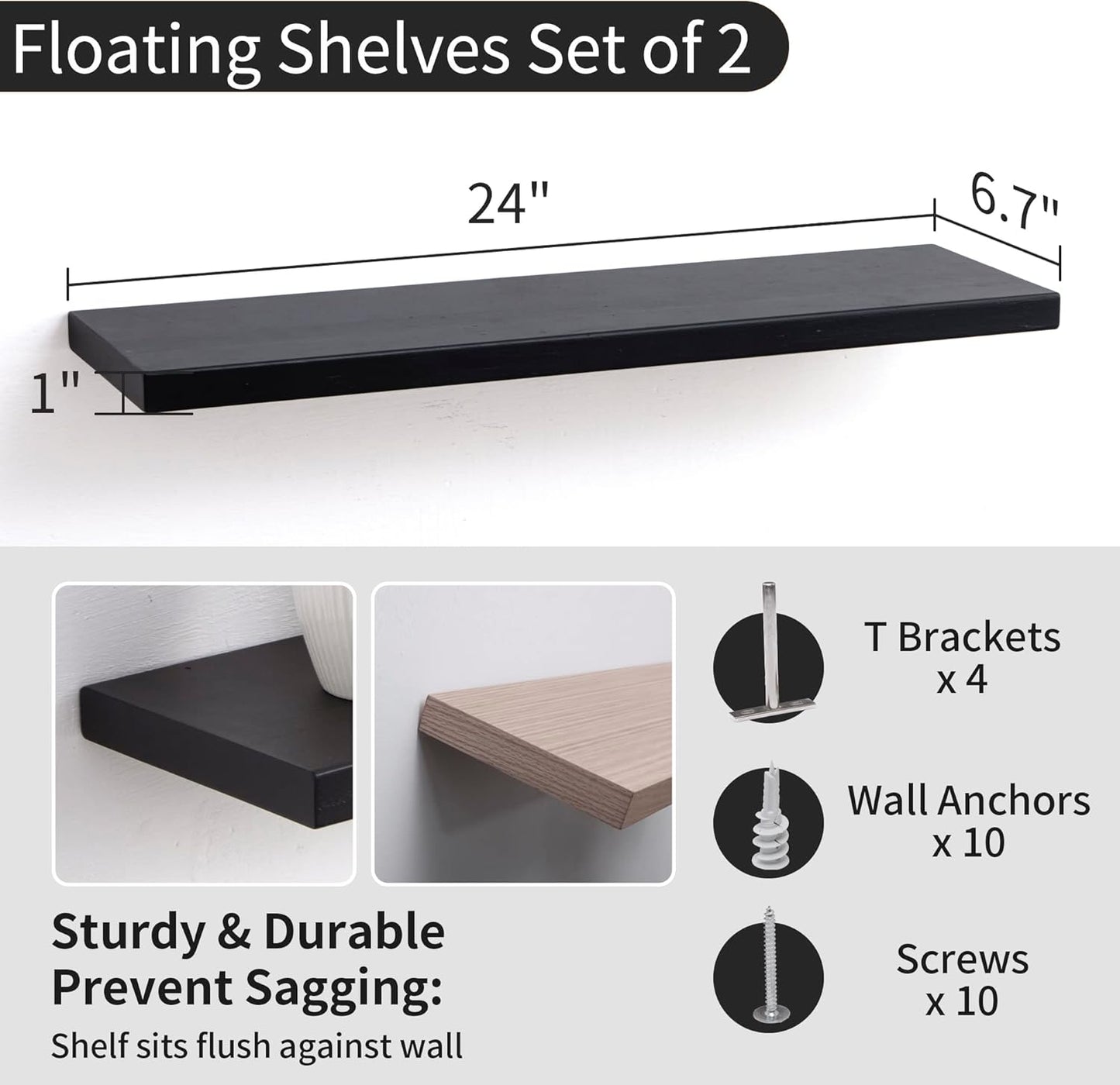 ShelfLoft 6.7"D x 1.4"H Black Paulownia Wood Wall Display Decor Floating Shelves