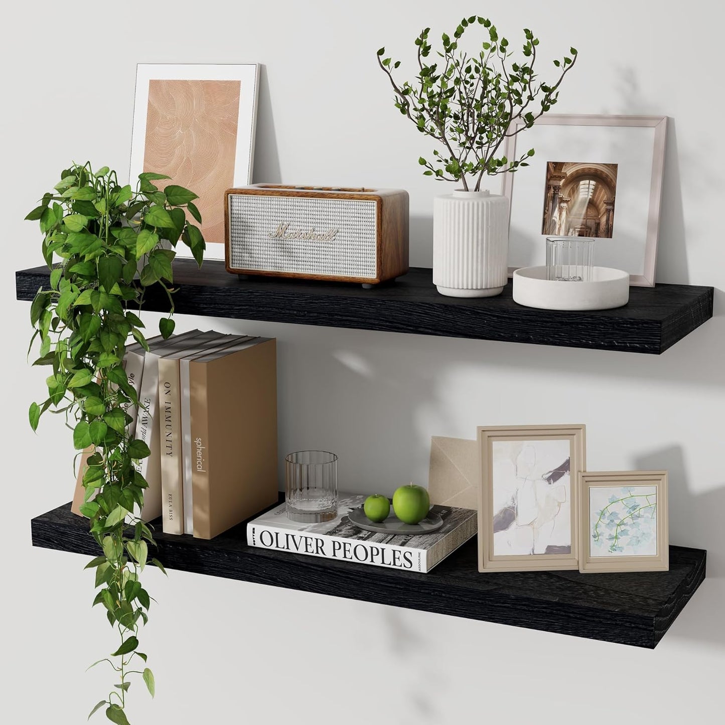 ShelfLoft 24""W x 6.7"D Natural Paulownia Wood Floating Shelves,Distressed Black-2 Pack