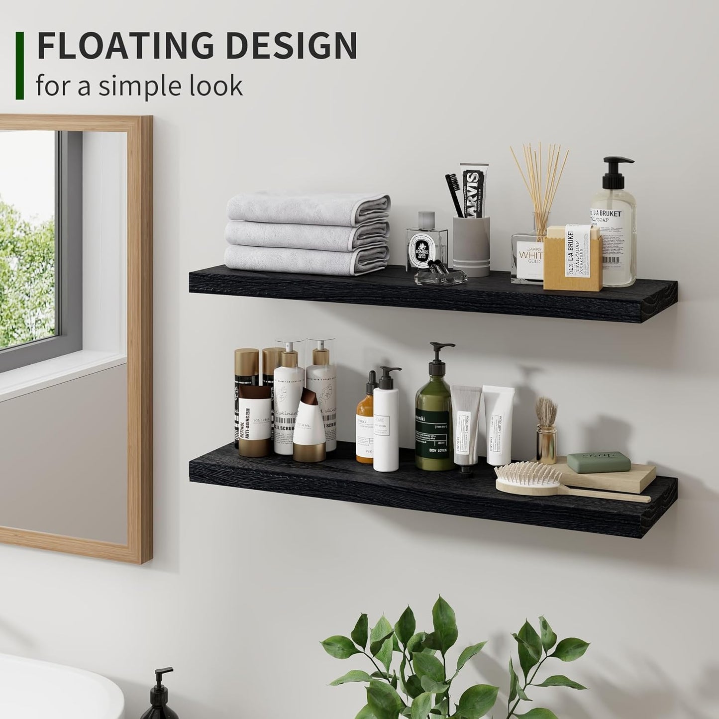 ShelfLoft 24""W x 6.7"D Natural Paulownia Wood Floating Shelves,Distressed Black-2 Pack