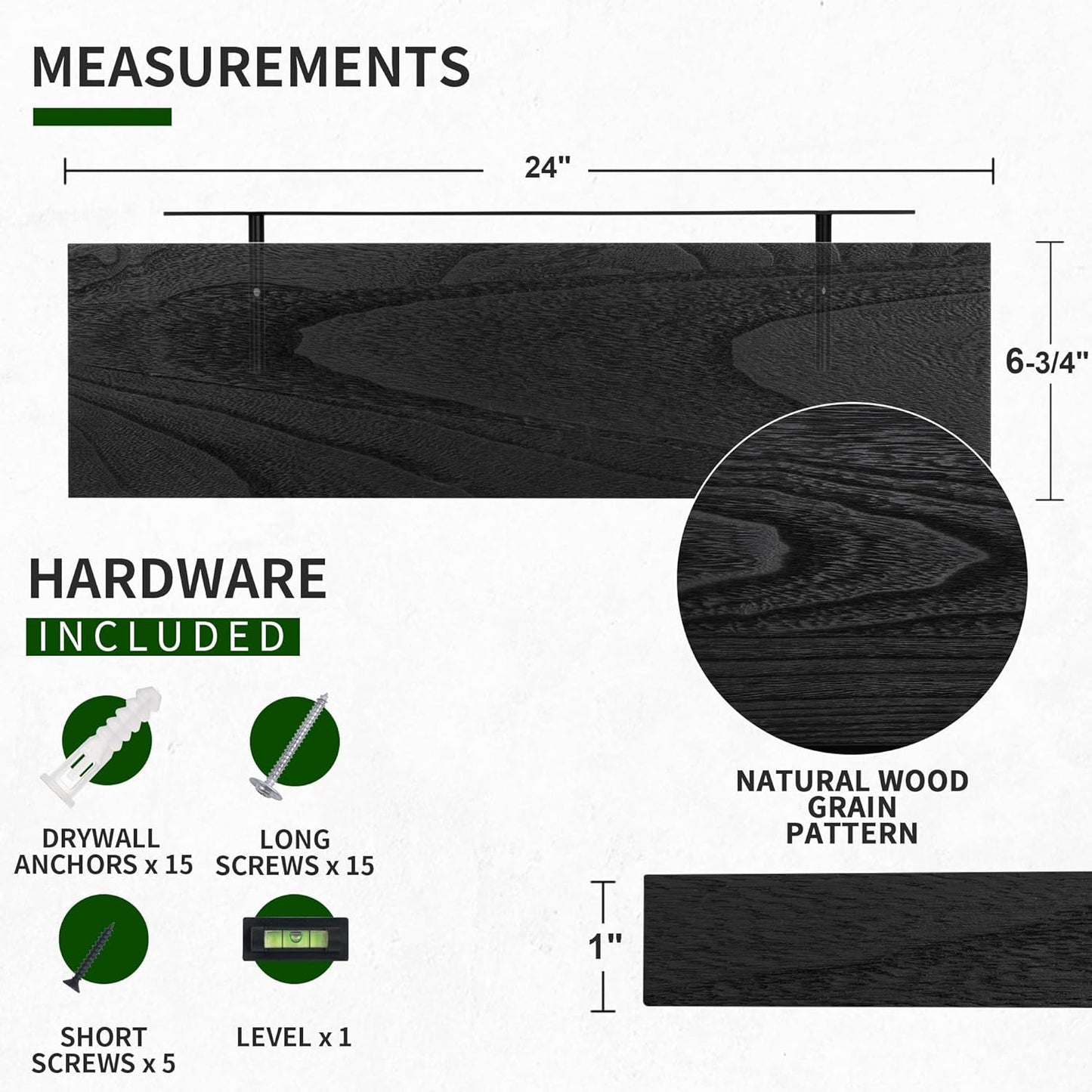 ShelfLoft 6.8"D x 1.4"H Distressed Black Natural Paulownia Wood Floating Shelves