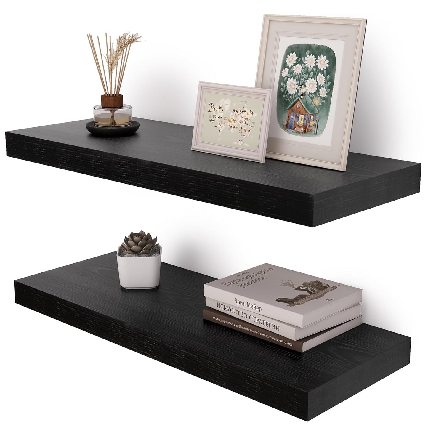 ShelfLoft 12"D x 2"H Black Rustic Wood Floating Shelves for Wall Decor & Storage