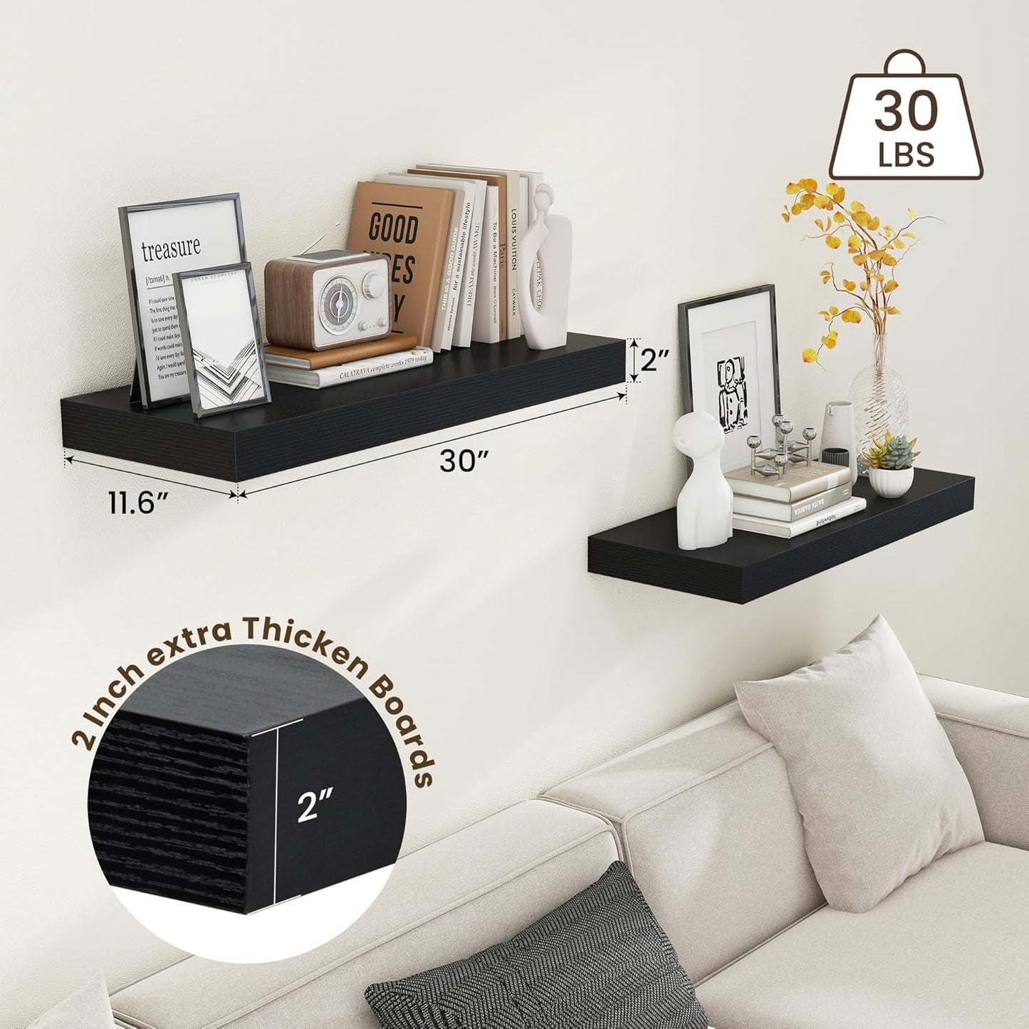 ShelfLoft 11.6"D x 2"H Black Floating Shelves for Wall Storage