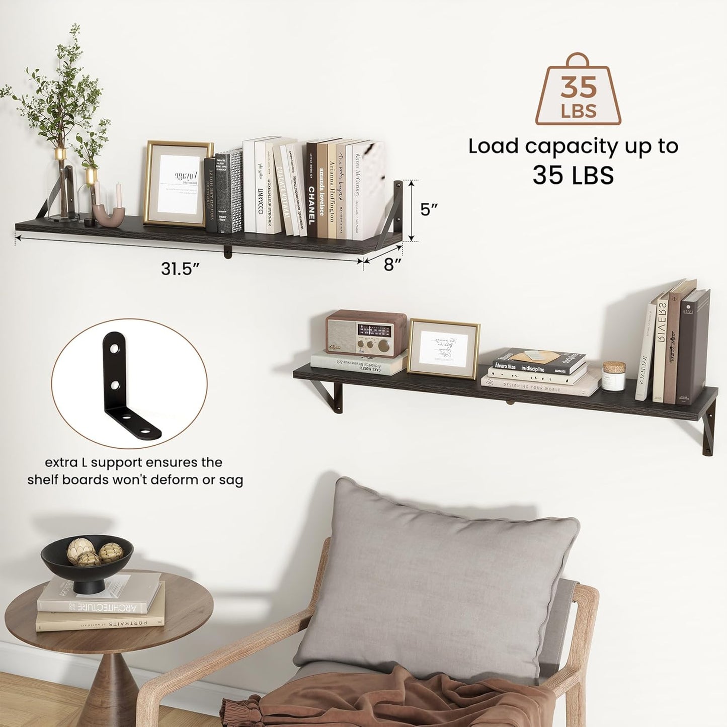 ShelfLoft 31.5" Wide x 8" Deep Wall Mounted Floating Shelves, 2 Pack