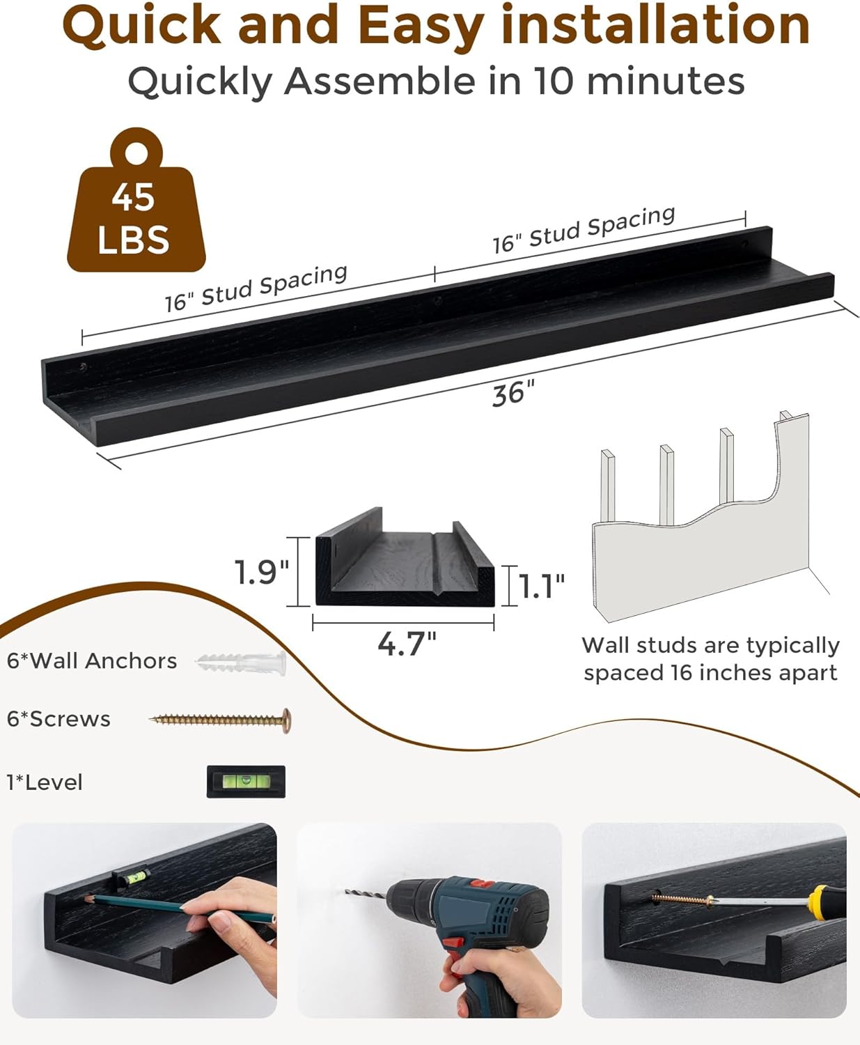 ShelfLoft 4.7 Inch Deep Solid Oak Wood Picture Ledge Shelf, Set of 2