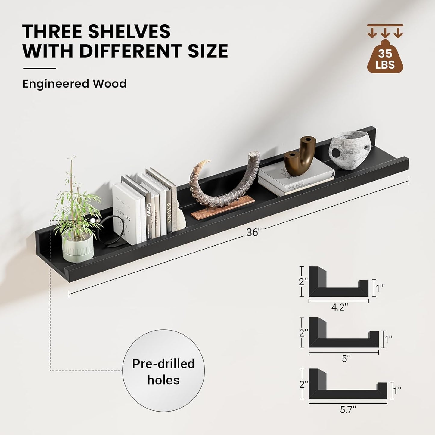 ShelfLoft 5.7 Inch Deep Picture Ledge Shelf Floating Shelves Set of 3