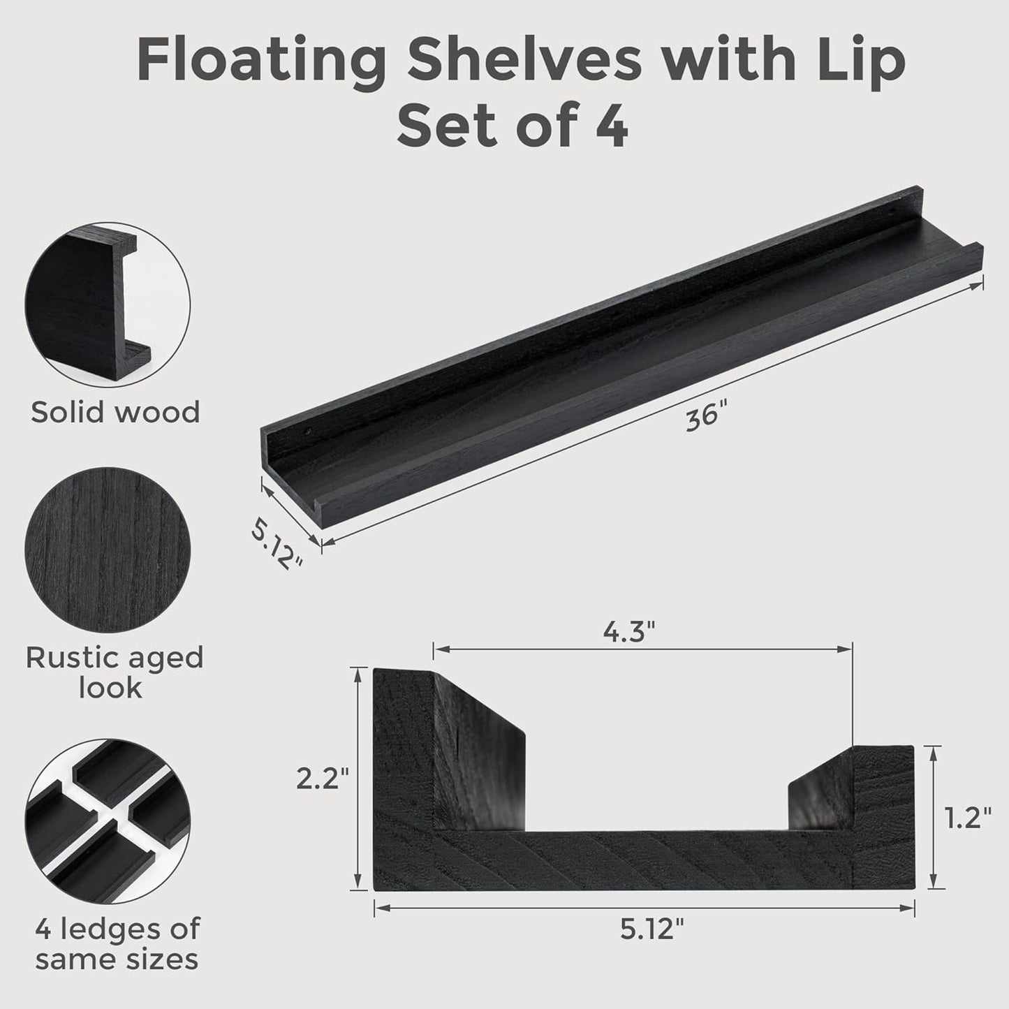 ShelfLoft 5.12"D x 2.2"H Distressed Black Picture Ledge Wall Floating Shelves with Lip
