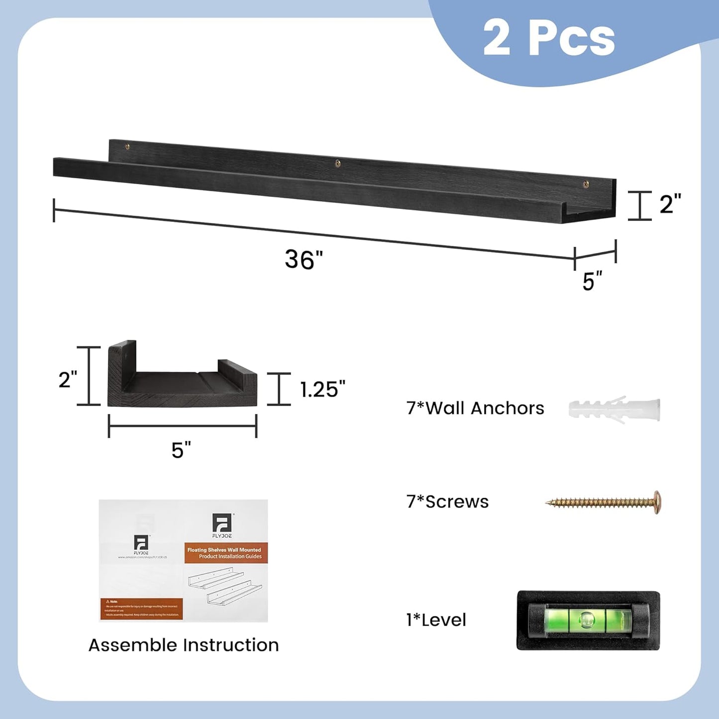 ShelfLoft 36" Wide x 5" Deep Pine Wood Picture Ledge Shelf Wall Shelves with Lip, 2 Pack
