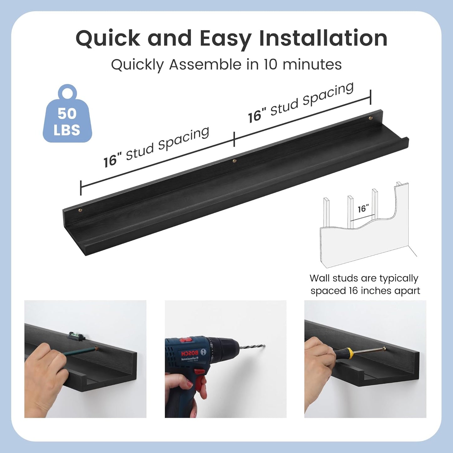 ShelfLoft 36" Wide x 5" Deep Pine Wood Picture Ledge Shelf Wall Shelves with Lip, 2 Pack