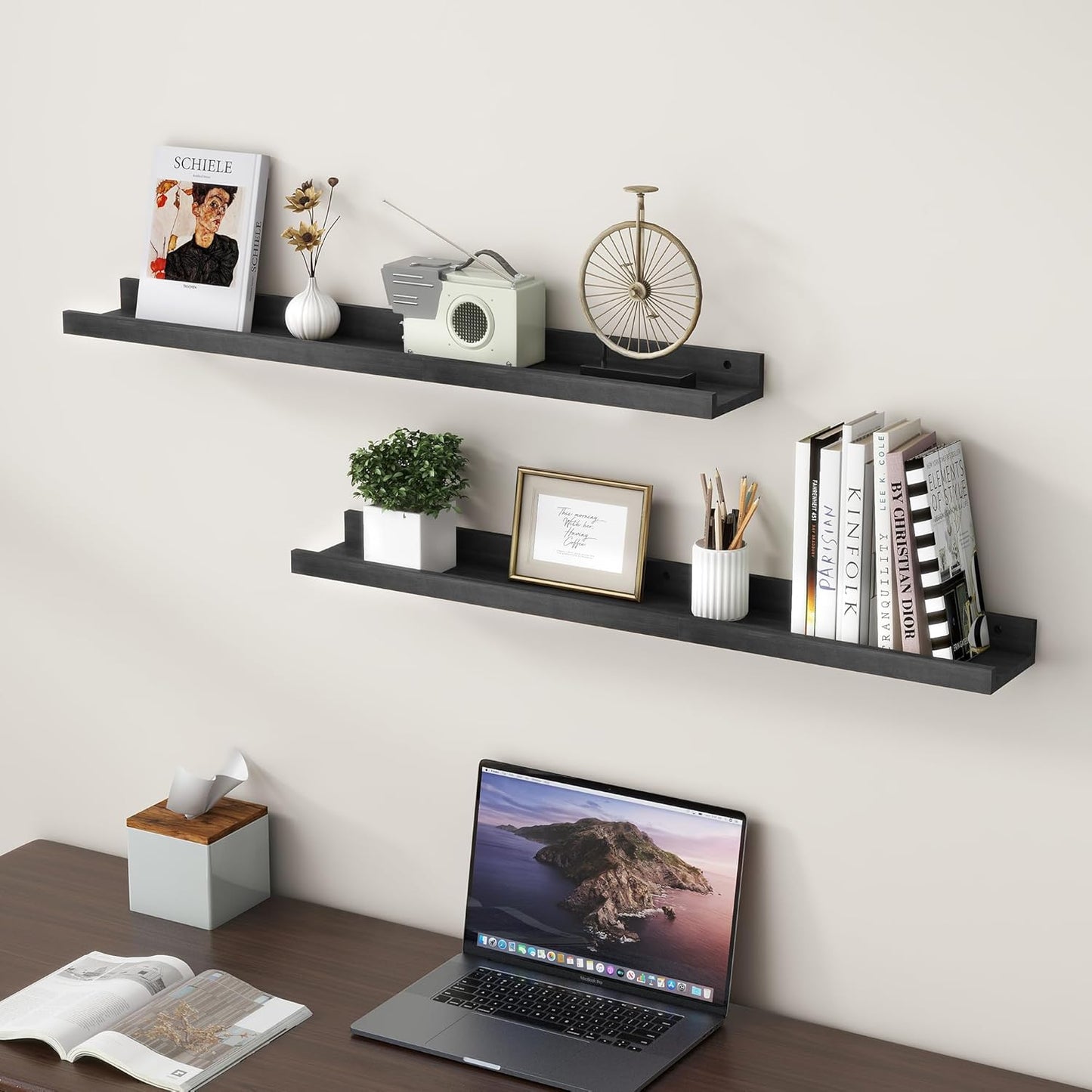 ShelfLoft 36" Wide x 5" Deep Pine Wood Picture Ledge Shelf Wall Shelves with Lip, 2 Pack