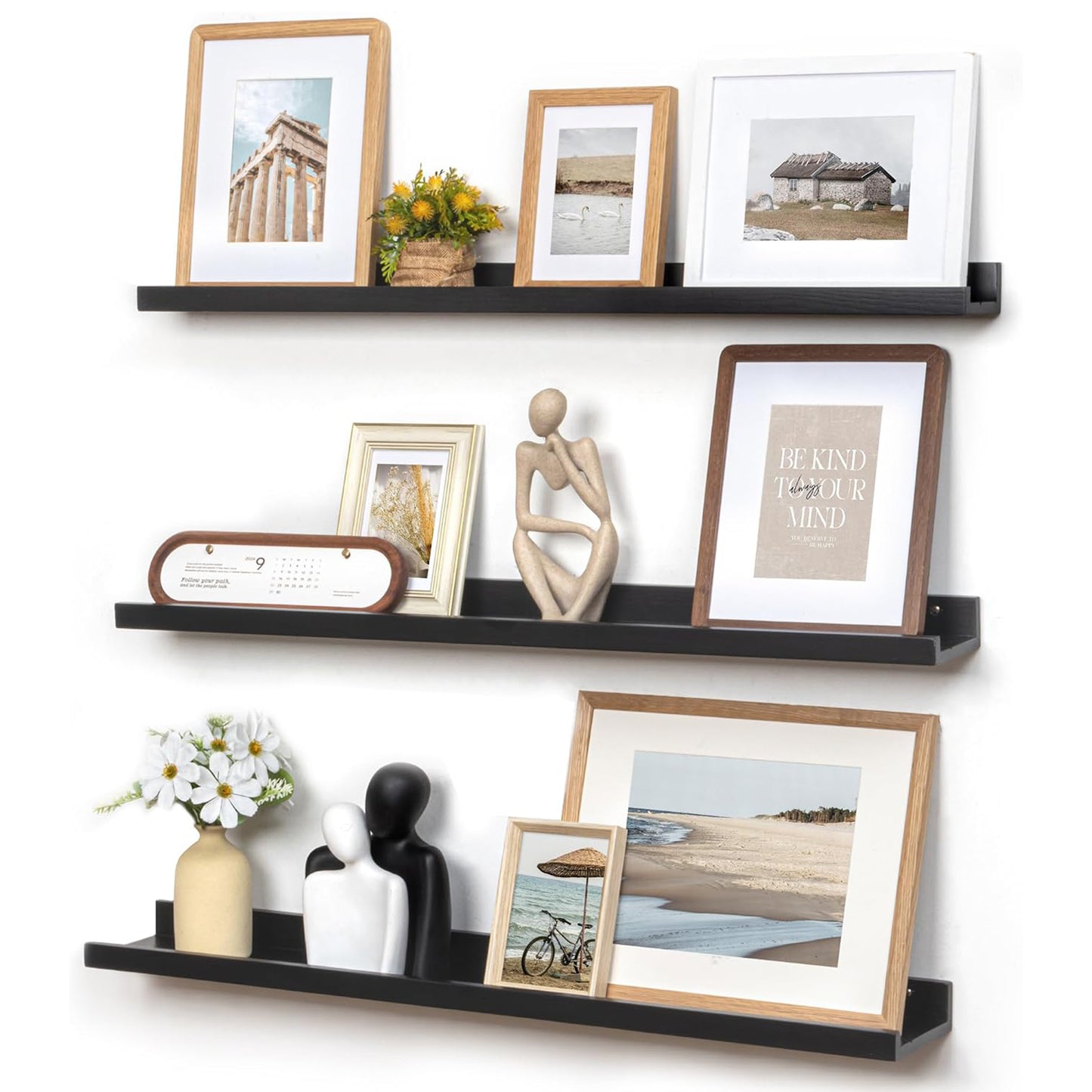 ShelfLoft 5.5"D x 2"H Black Pine Wood Picture Ledge Shelf Wall Shelves with Lip, 2 Pack