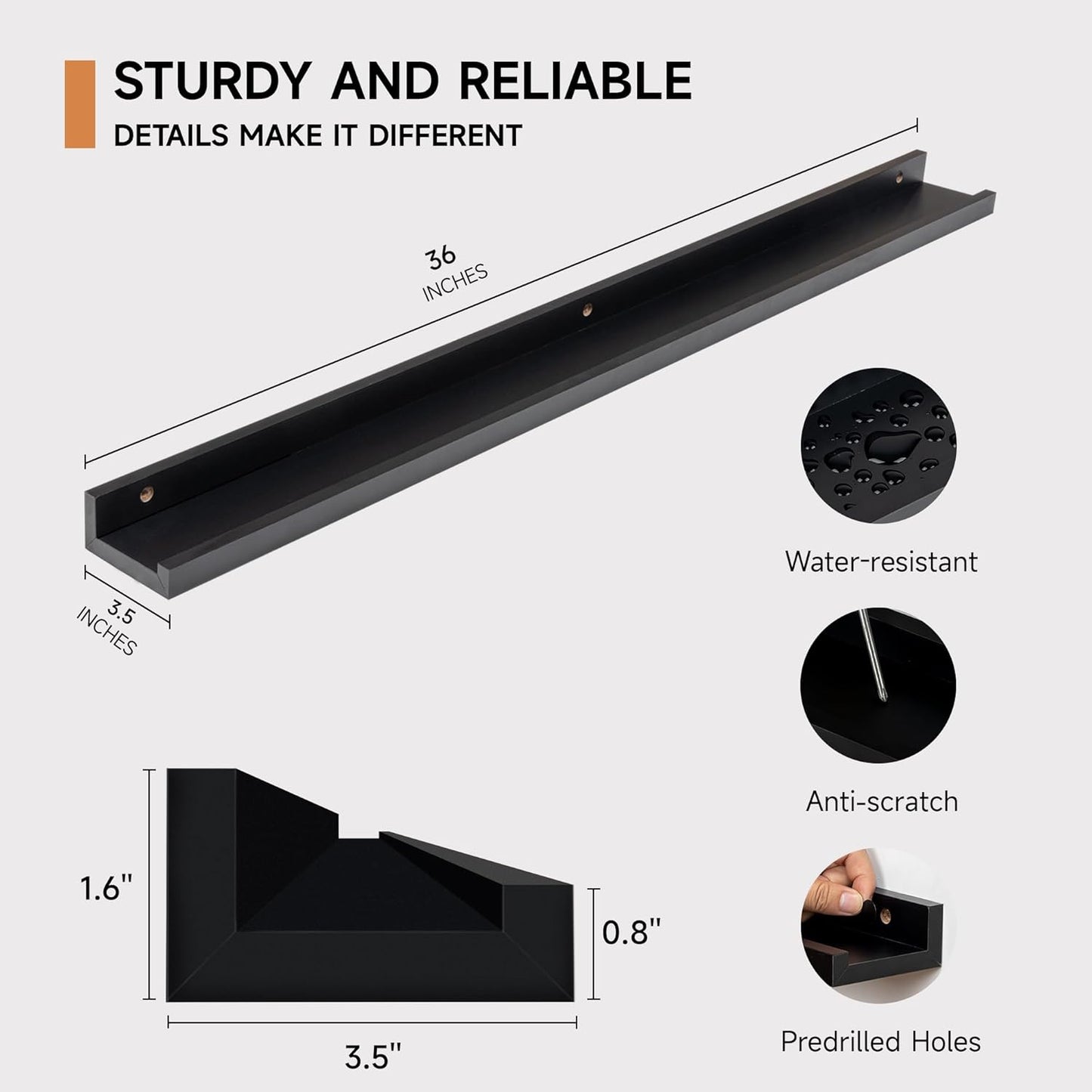 ShelfLoft 3.5"D x 1.6"H Black Picture Ledge Shelf Wall Display Floating Shelves