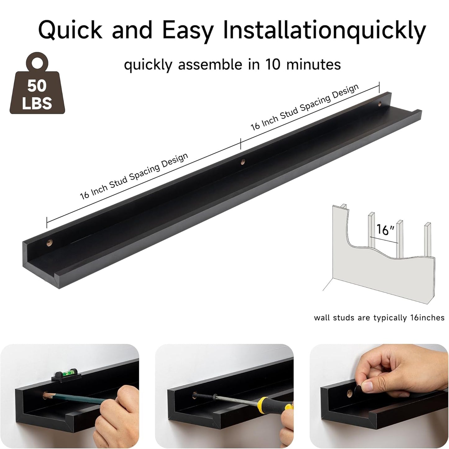 ShelfLoft 3.5"D x 1.6"H Black Picture Ledge Shelf Wall Display Floating Shelves