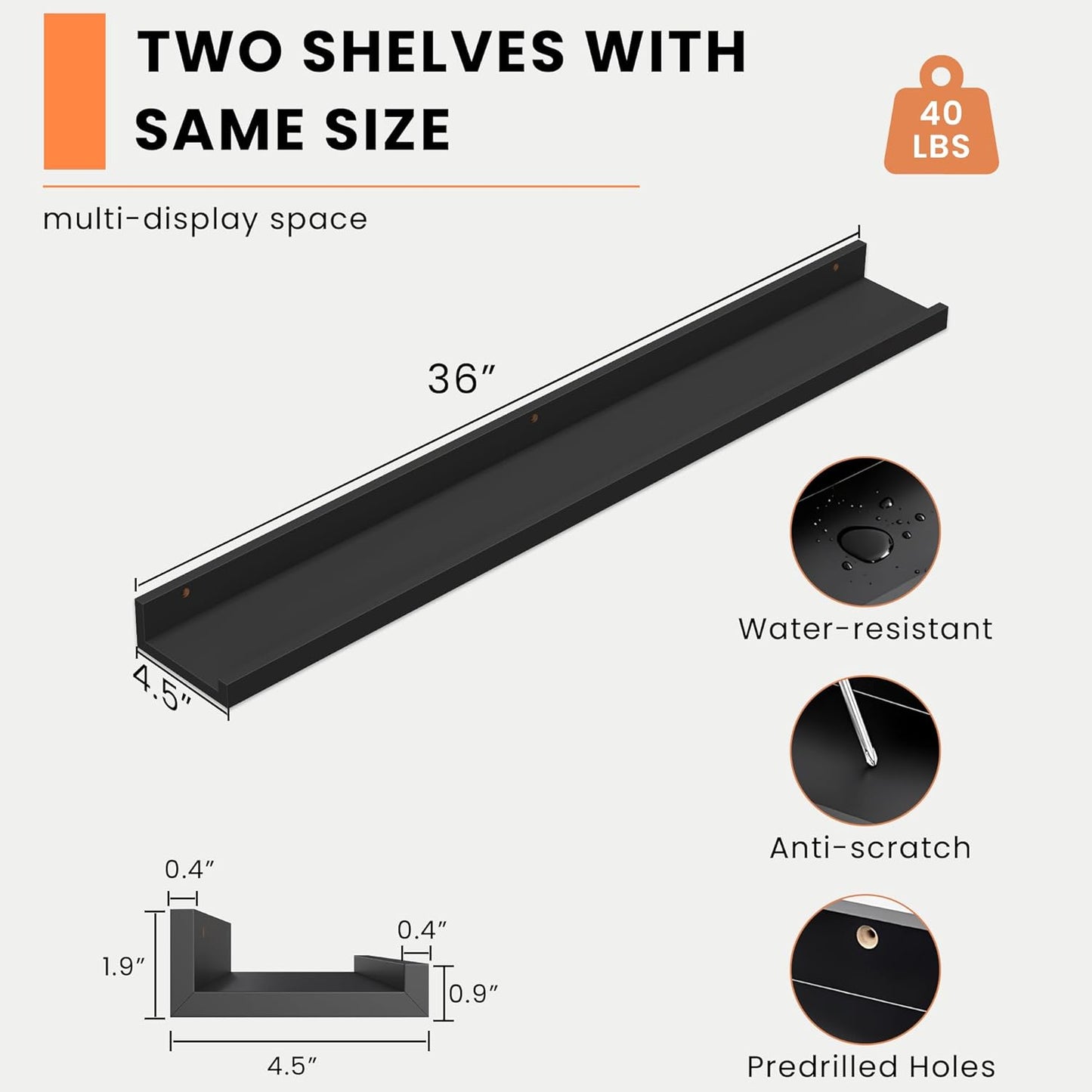 ShelfLoft 36" Wide x 4.5" Deep Picture Ledge Shelf Wall Floating Shelves with Lip,Set of 2