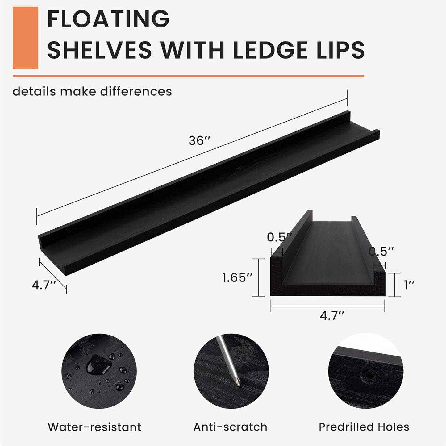 ShelfLoft 4.7 Inch Deep Solid Ash Wood Picture Ledge Floating Shelves, Set of 2