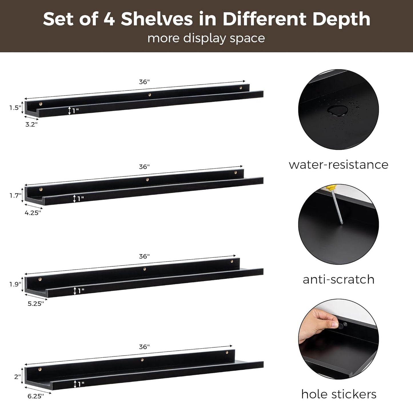 ShelfLoft 6.25 Inch Deep Picture Ledge Floating Shelves for Wall Storage,Set of 4