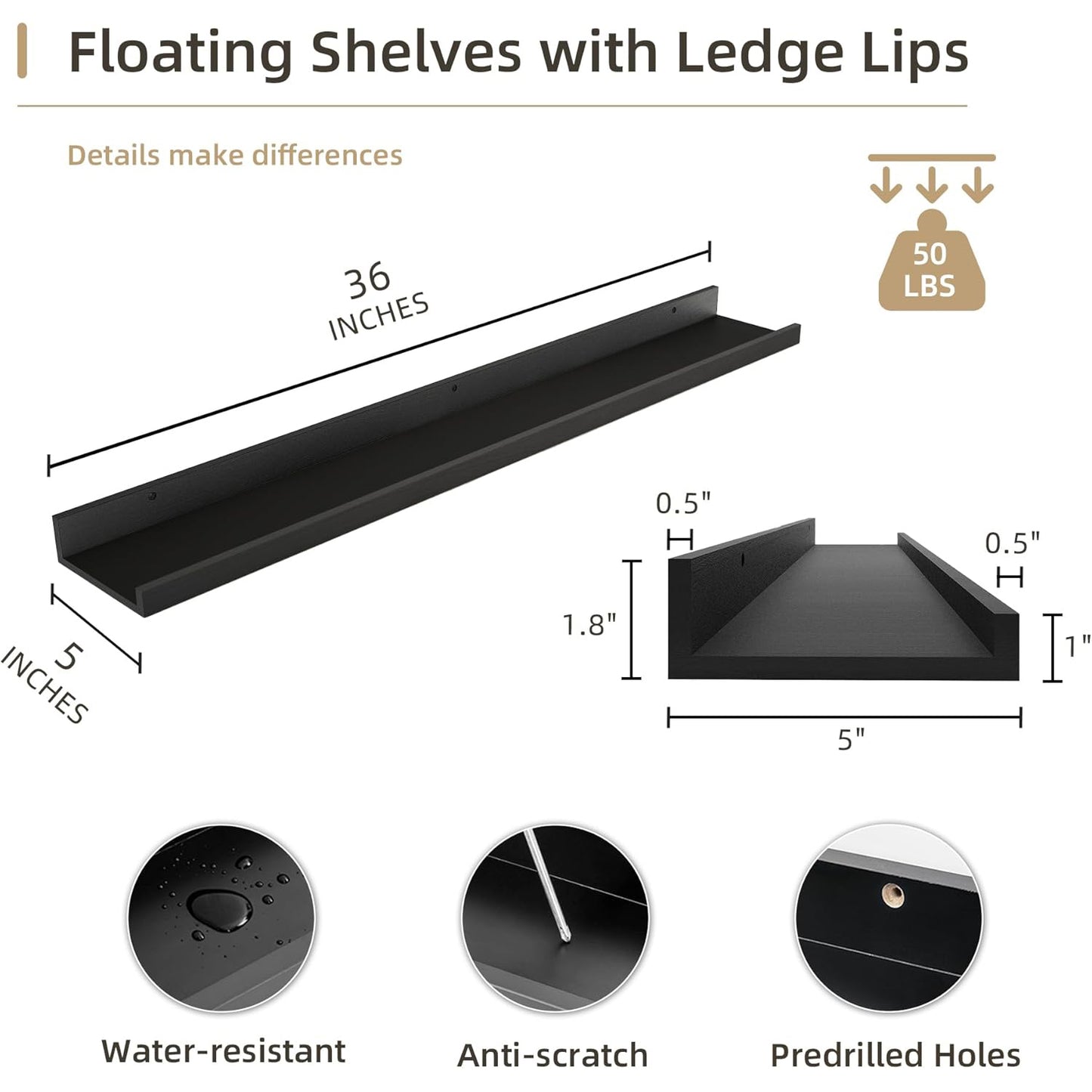 ShelfLoft 5"D x 1.8“H Black Picture Ledge Shelf Wood Floating Shelves