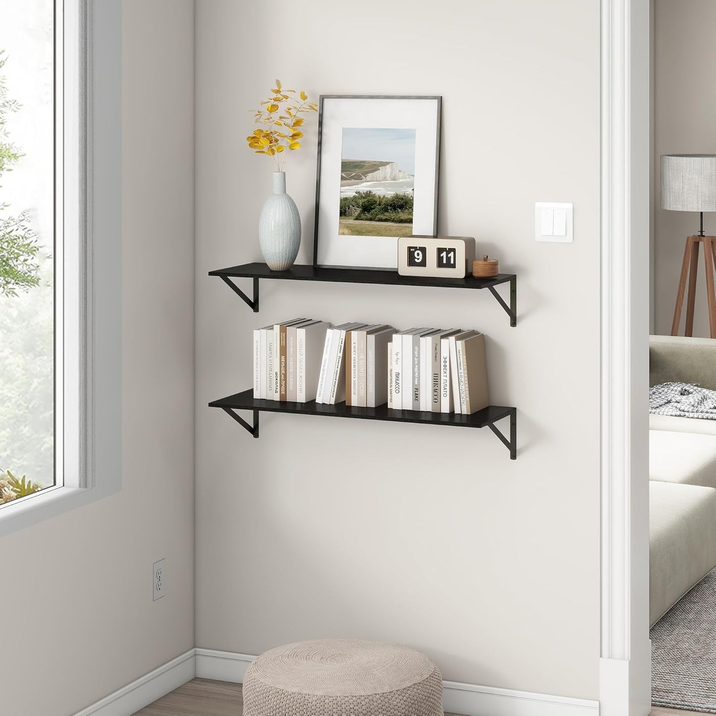 ShelfLoft 36" Wide x 12" Deep Wall Display & Storage Floating Shelves with Visible Brackets, 2 Pack