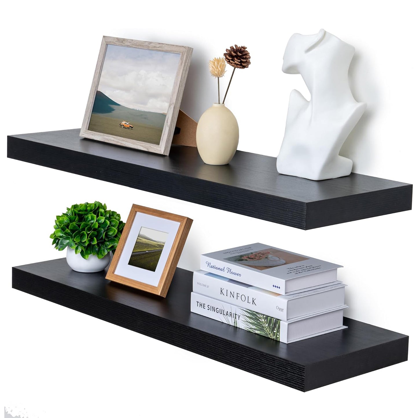 ShelfLoft 12"D x 2"H Black Rustic Wood Floating Shelves for Wall Decor & Storage