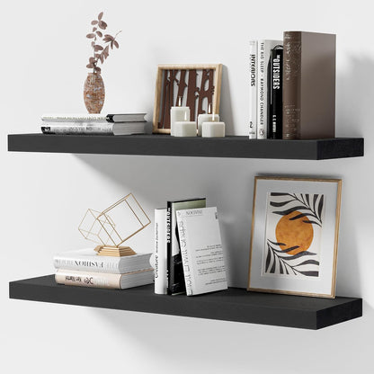 ShelfLoft 8"D x 1.4"H Black Solid Ash Wood Floating Shelves